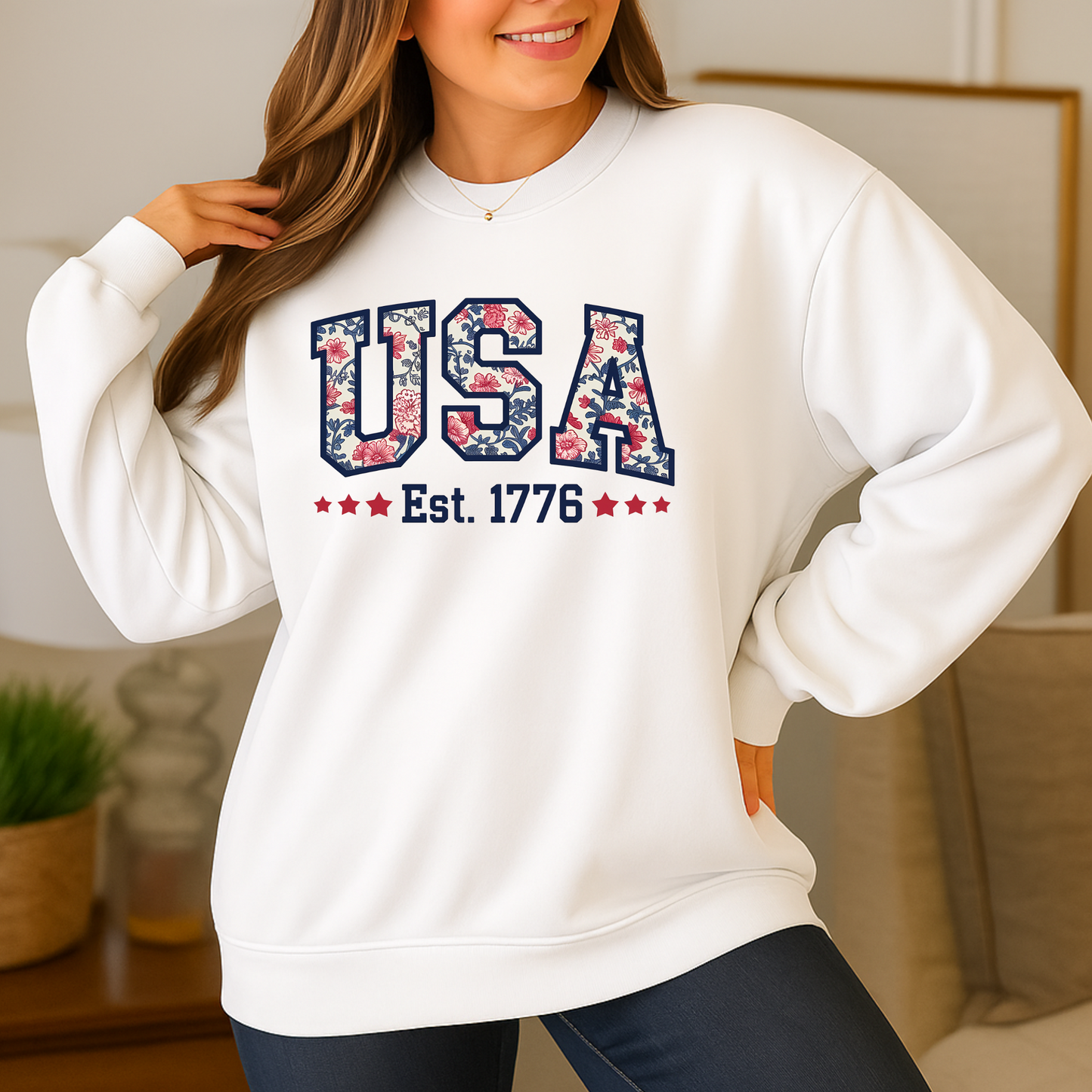 White floral USA Est. 1776 crewneck sweatshirt – styled for a comfy and casual patriotic look.