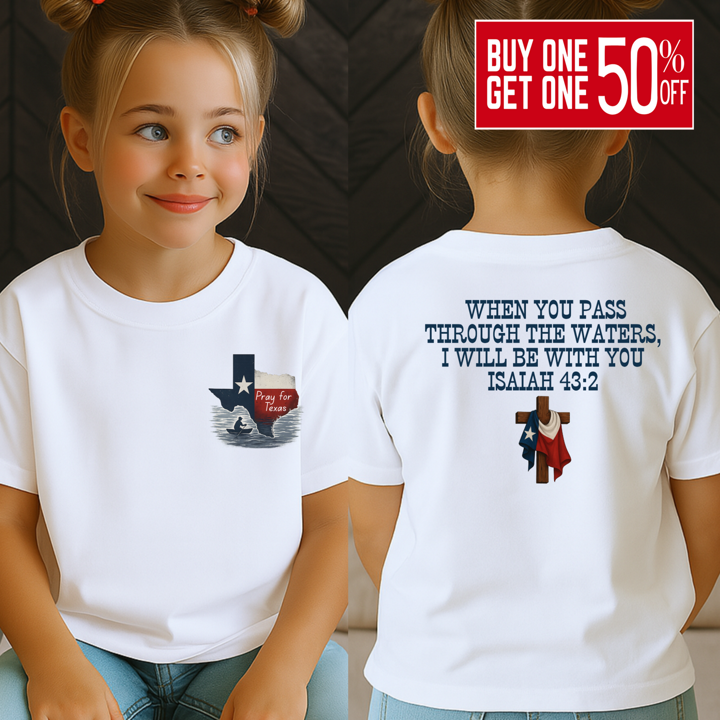 Front and back view of a young girl wearing a white Christian T-shirt featuring a “Pray for Texas” design with a flood scene inside the Texas state outline on the front, and the Bible verse Isaiah 43:2 on the back with a wooden cross and Texas flag. Youth faith-based support shirt for Texas flood relief.