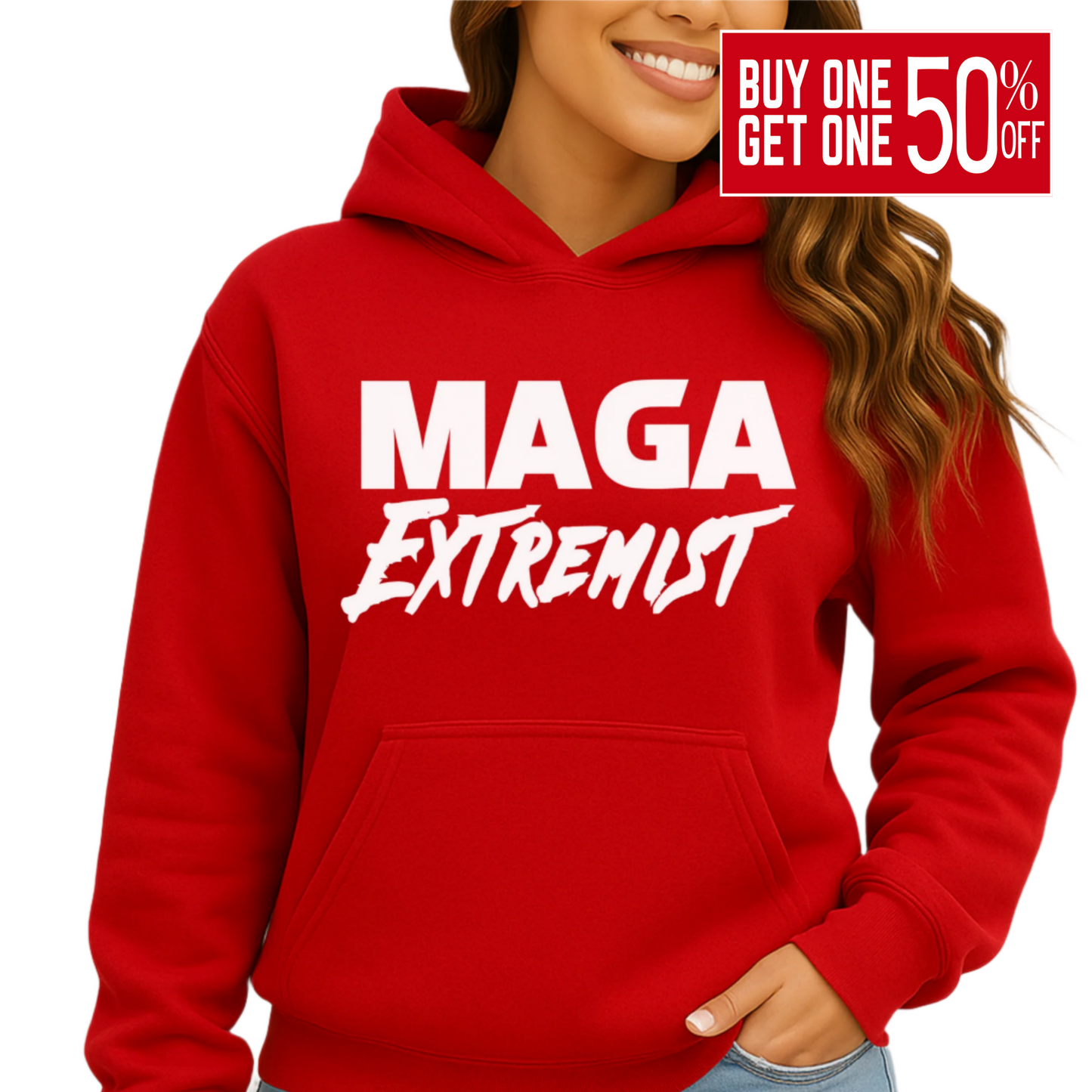 Front view of woman in red hoodie with MAGA Extremist design