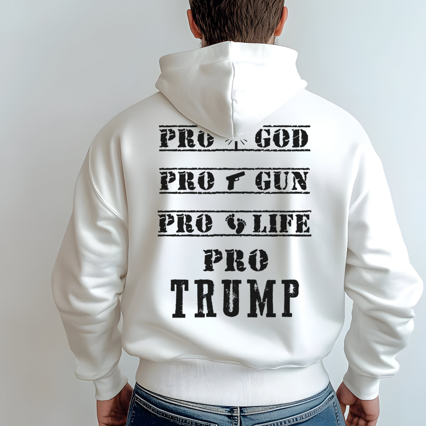 white Pro God Gun Life Trump Hoodie – Patriotic Christian Sweatshirt with American Flag