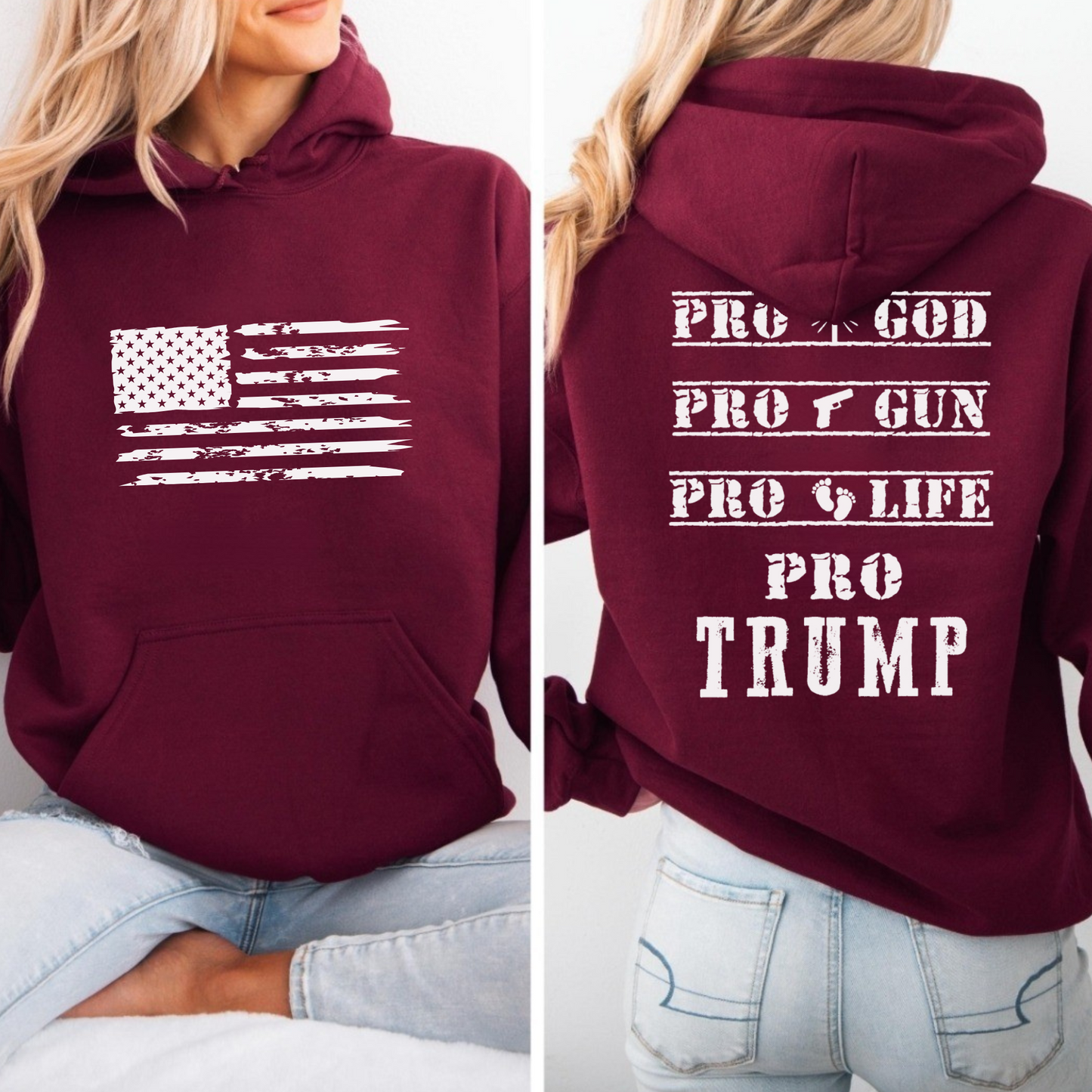 Maroon Pro God Gun Life Trump Hoodie – Patriotic Christian Sweatshirt with American Flag