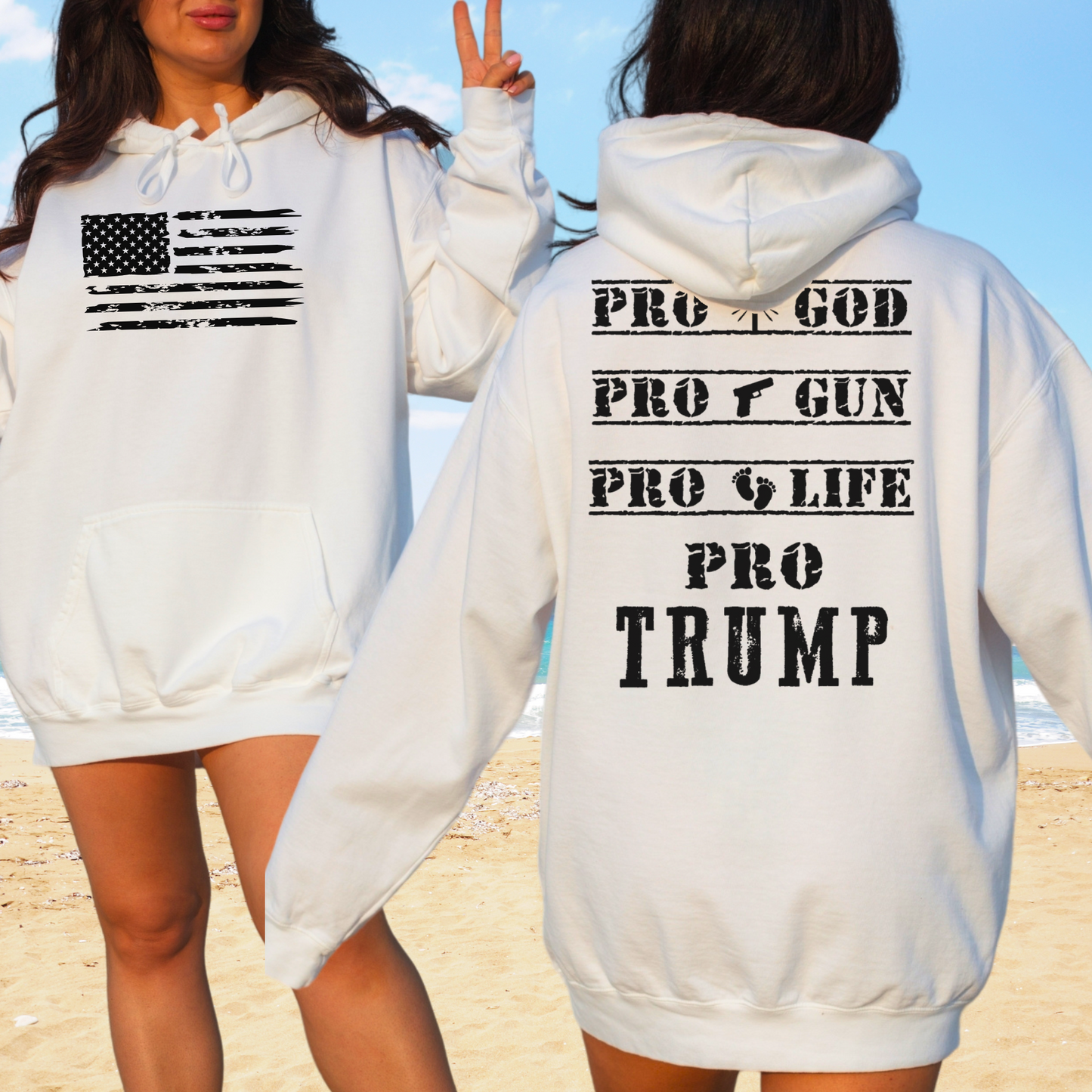 White Pro God Gun Life Trump Hoodie – Patriotic Christian Sweatshirt with American Flag