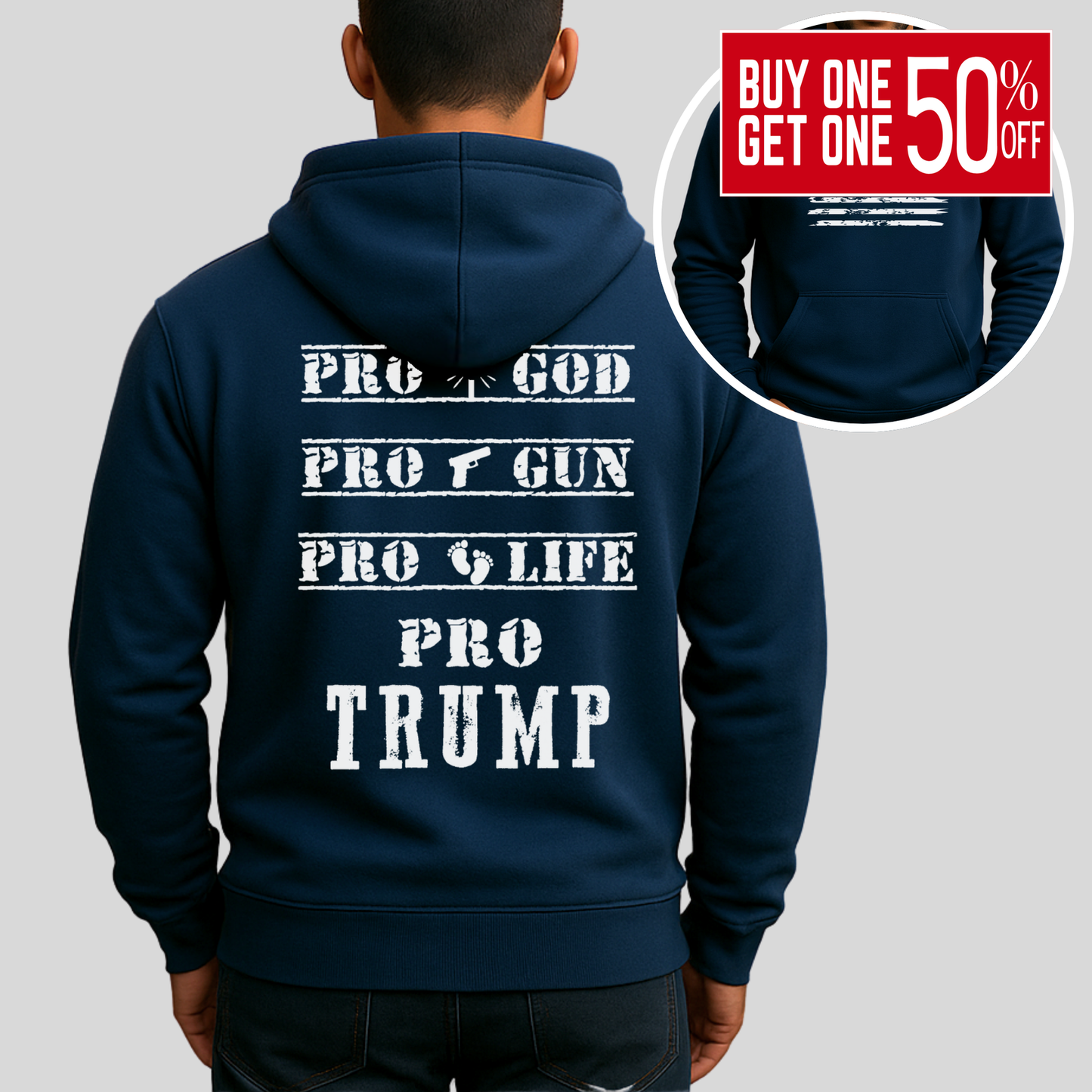 Navy Pro God Gun Life Trump Hoodie – Patriotic Christian Sweatshirt with American Flag