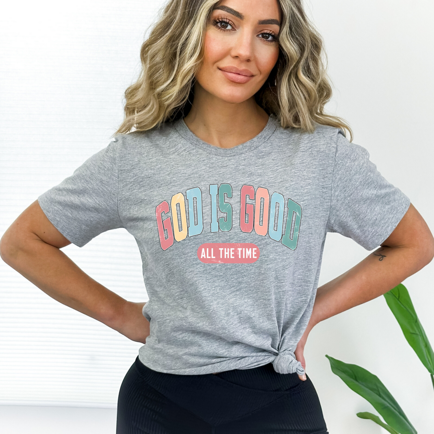 Casual Christian t-shirt for women, ‘God Is Good’ faith-based design, Gray tee