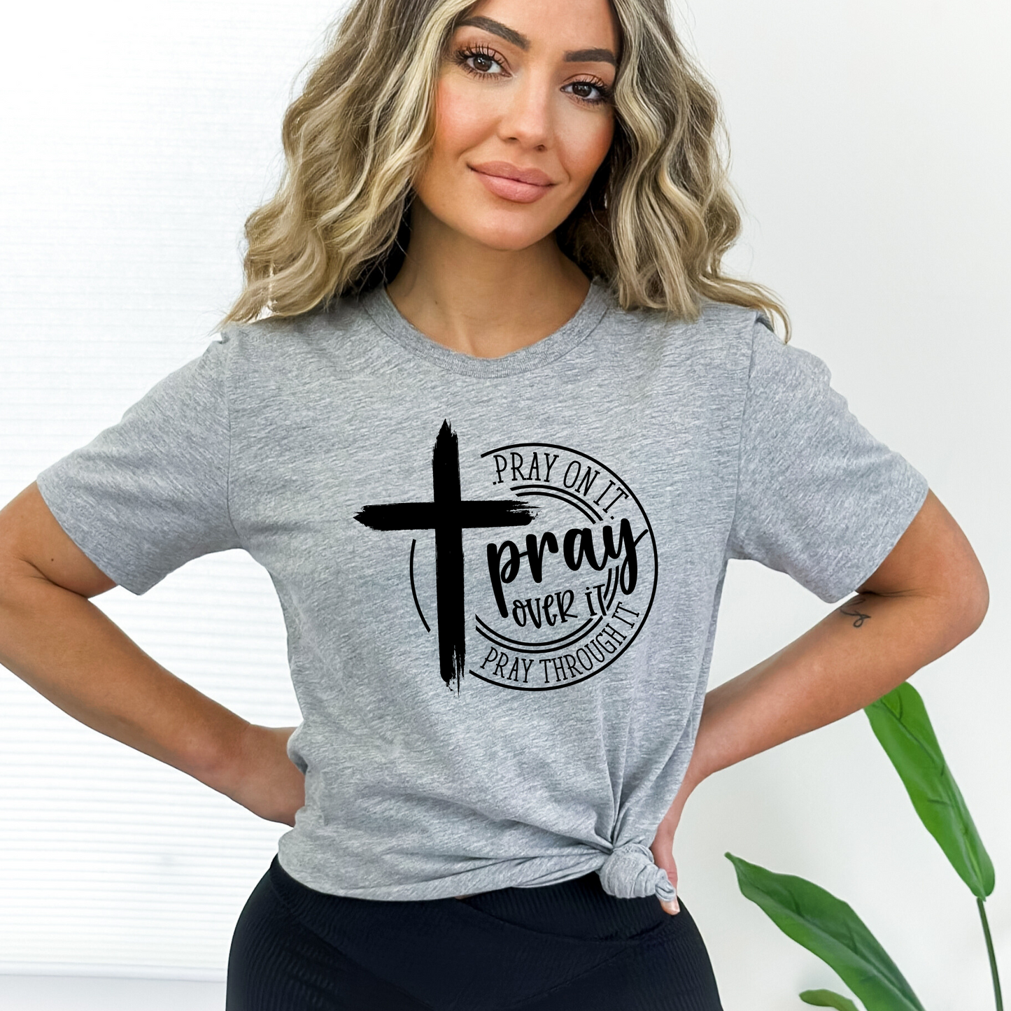 Gray Faith-based inspirational t-shirt with a cross and prayer message, perfect for Christian apparel