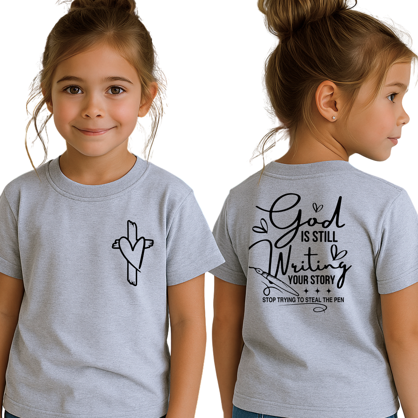 Gray unisex faith tee for girls with heart cross front print