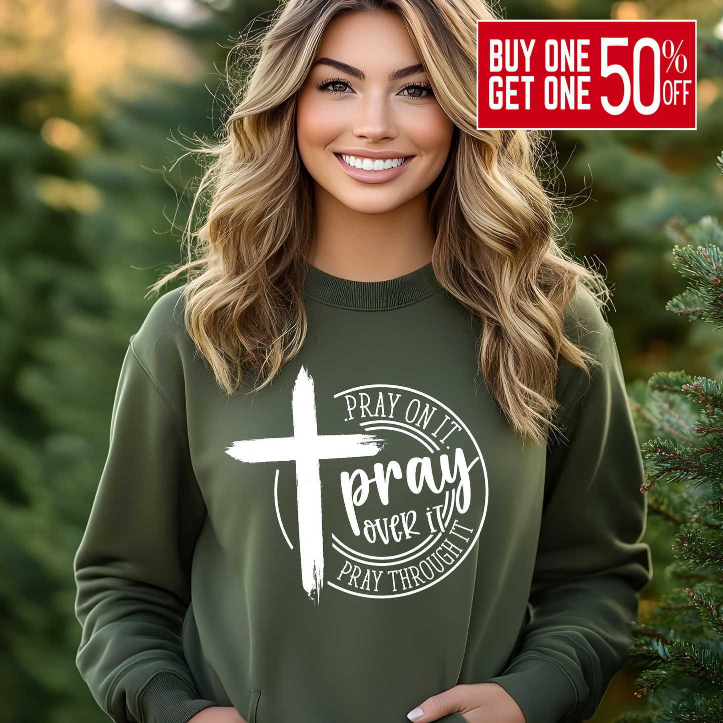Green Pray On It, Pray Over It, Pray Through It Christian Sweatshirt with Cross - Faith-Based Crewneck