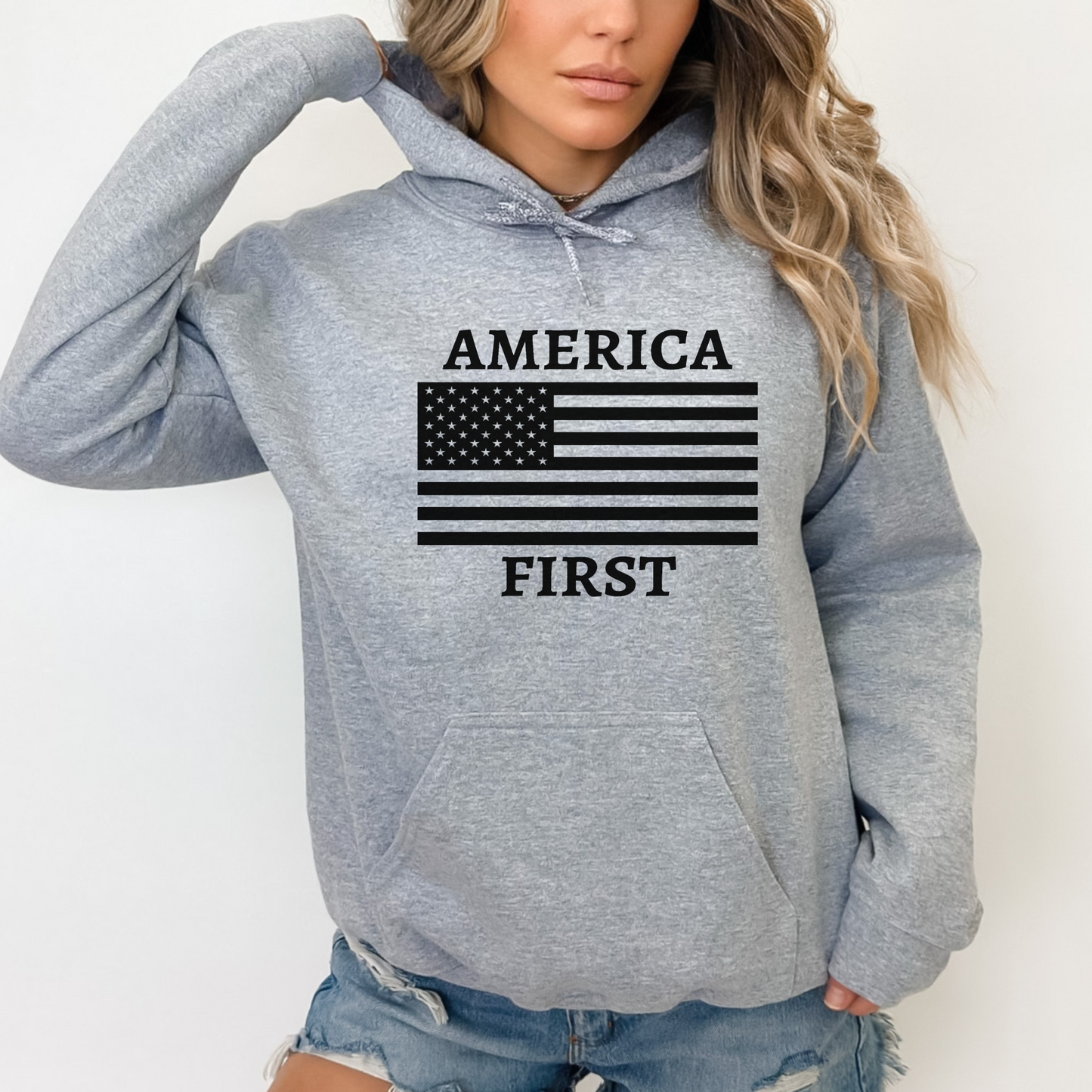 Heather gray America First sweatshirt – political hoodie for women