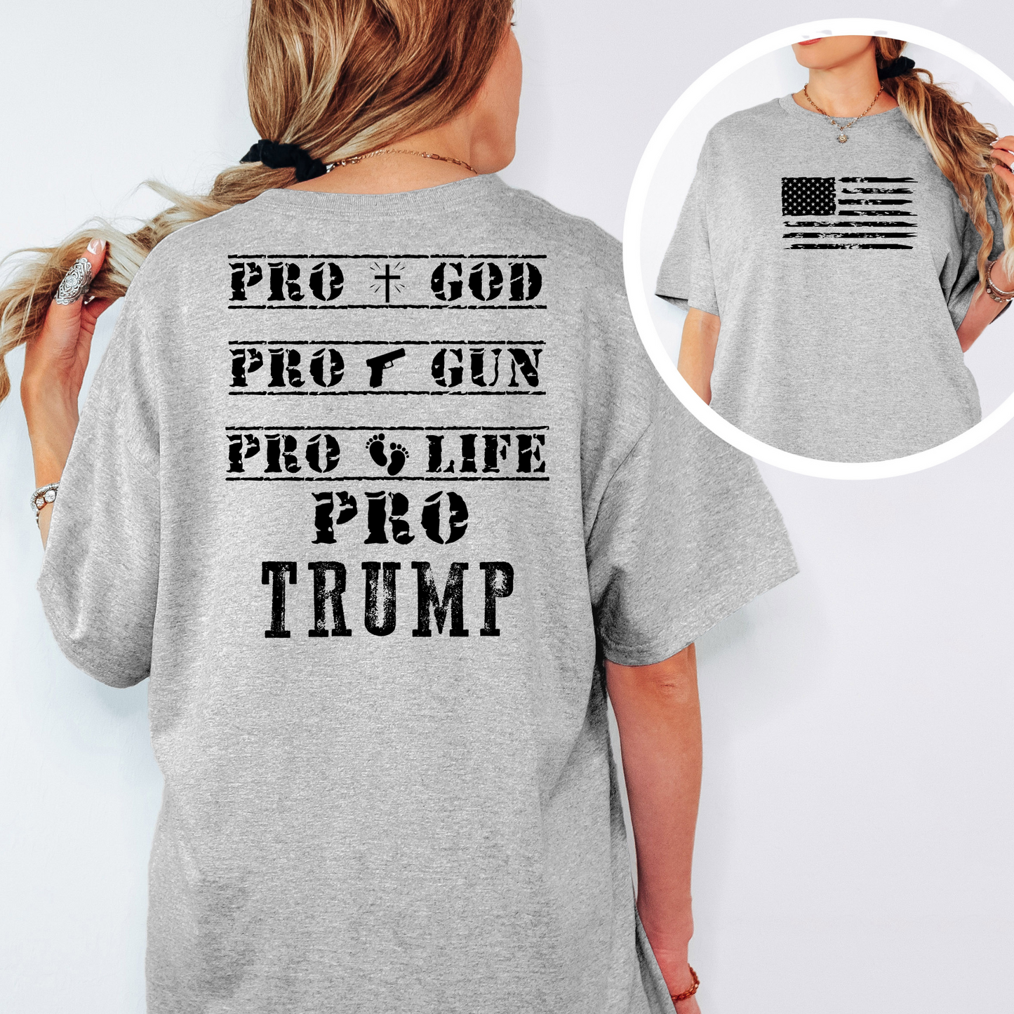 Heather gray tee featuring American flag and pro-Trump message