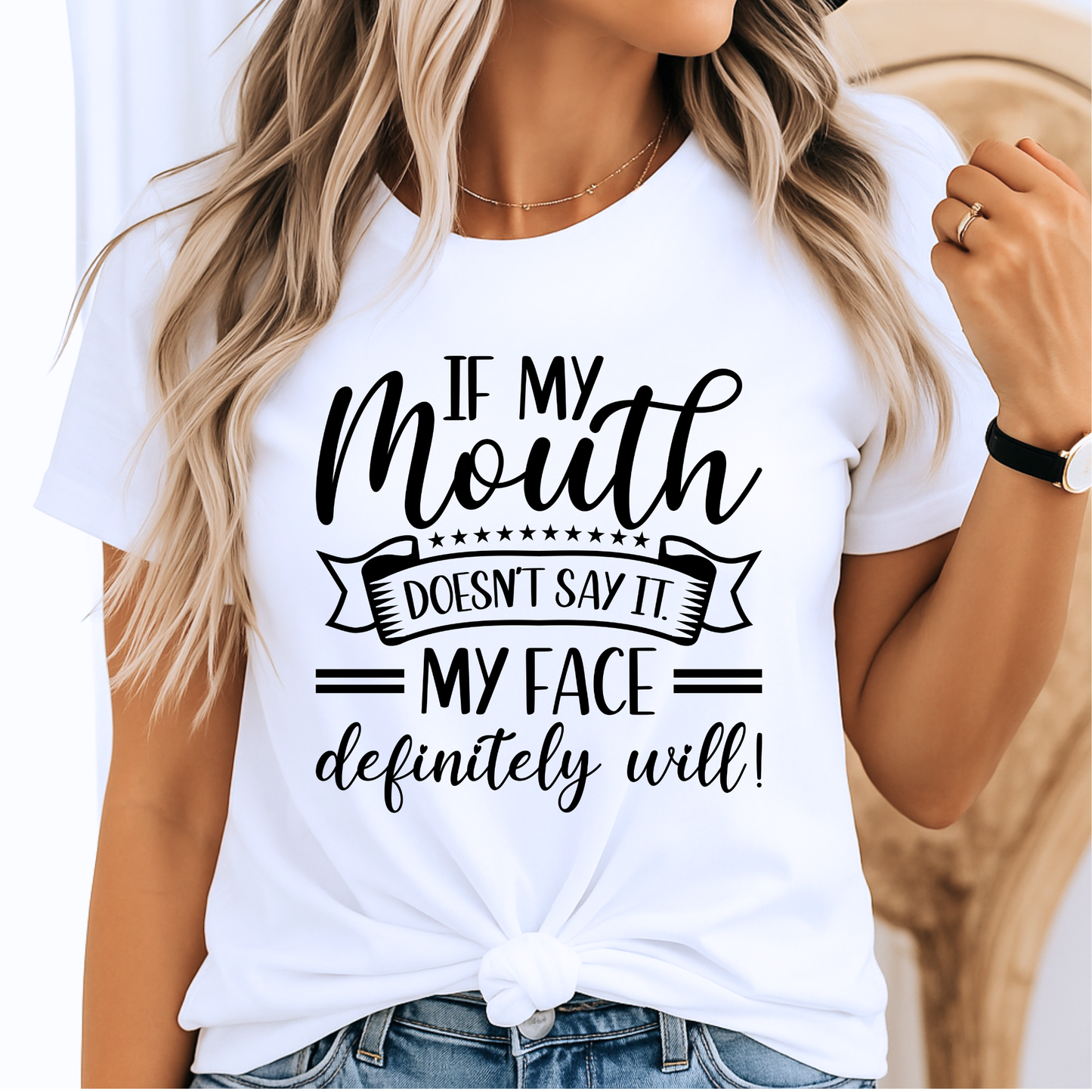 White t-shirt with attitude quote modeled by stylish woman
