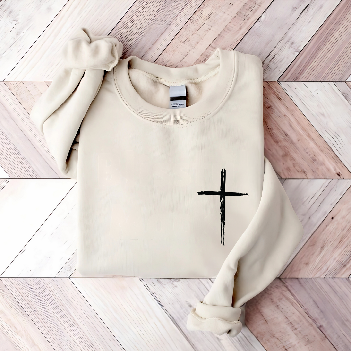 Religious sweatshirt for women with minimalist cross front and faith text on the back