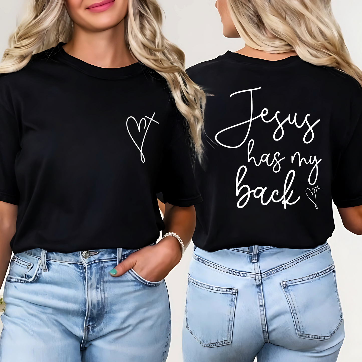 Women’s black “Jesus Has My Back” Christian T-shirt with heart cross front and bold back lettering – religious graphic tee for women of faith.