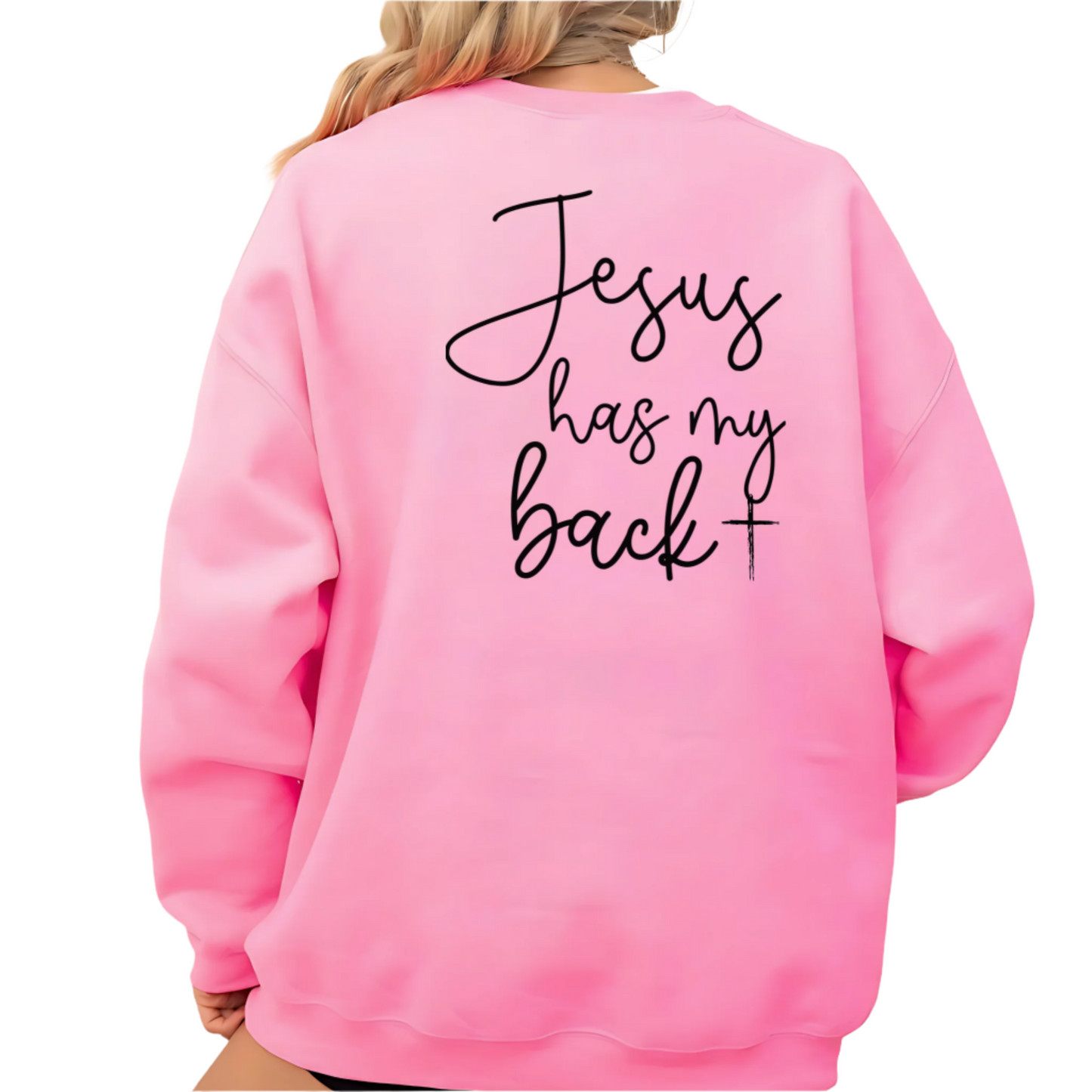 Back and front view of gray Christian sweatshirt with scripture-inspired design