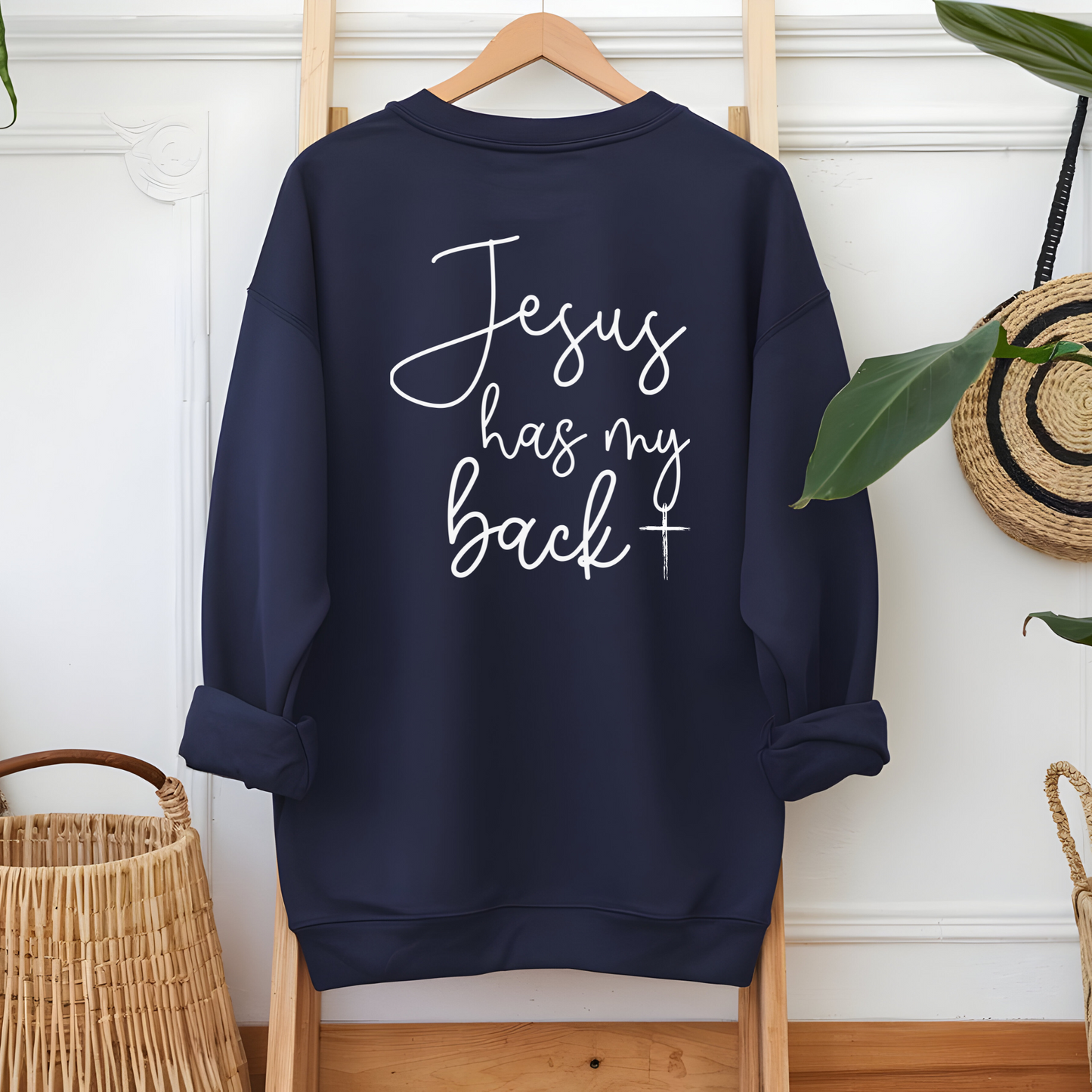 Jesus Has My Back Navy sweatshirt hanging