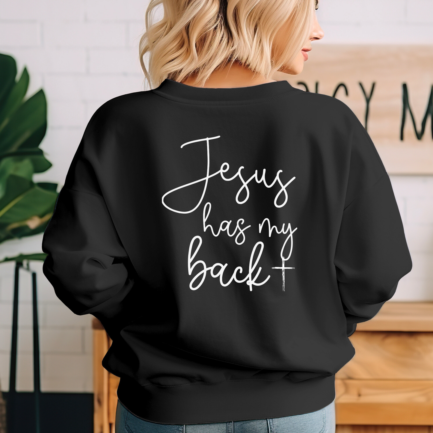 Inspirational unisex Christian sweatshirt styled with denim shorts