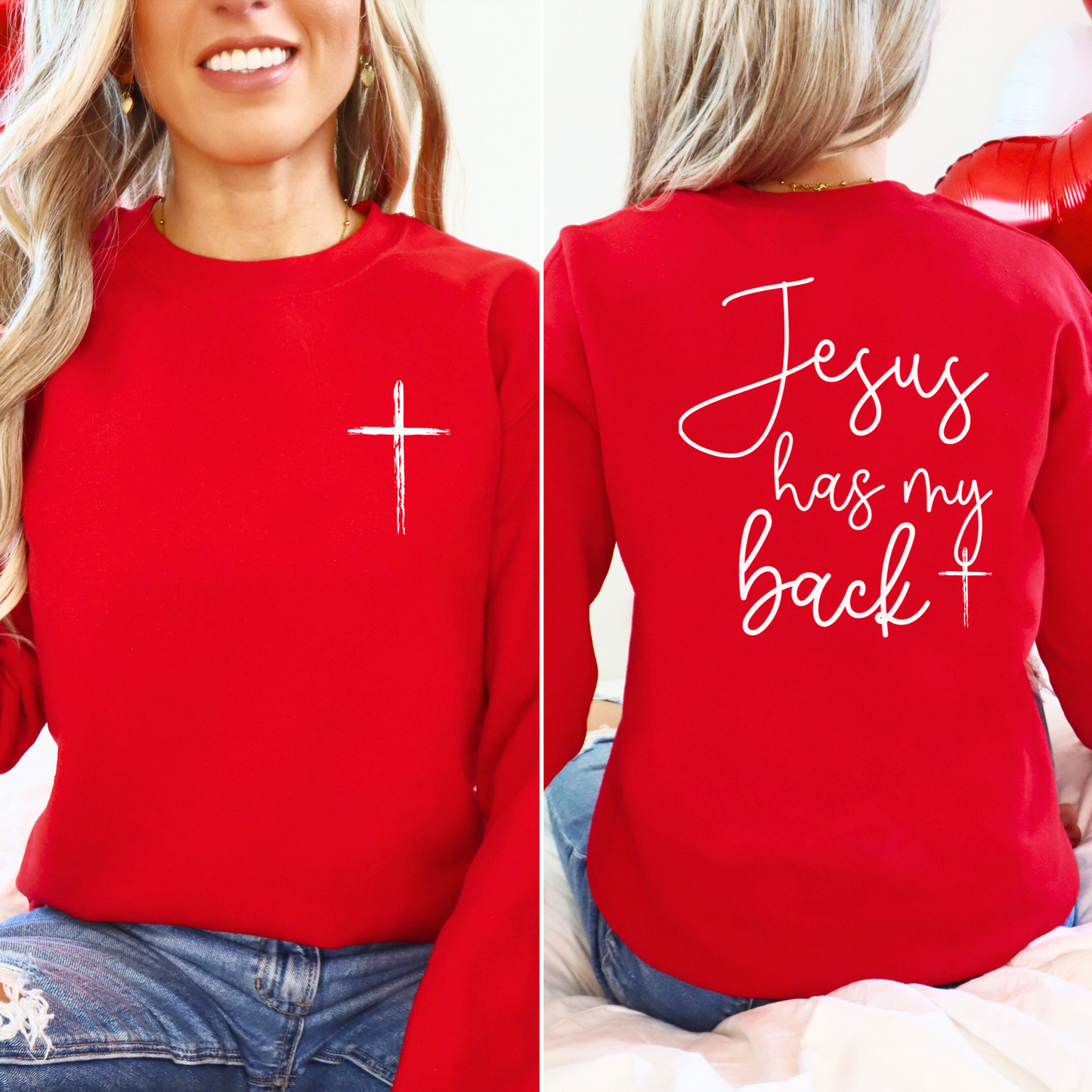 Red religious sweatshirt for women with minimalist cross front and faith text on the back