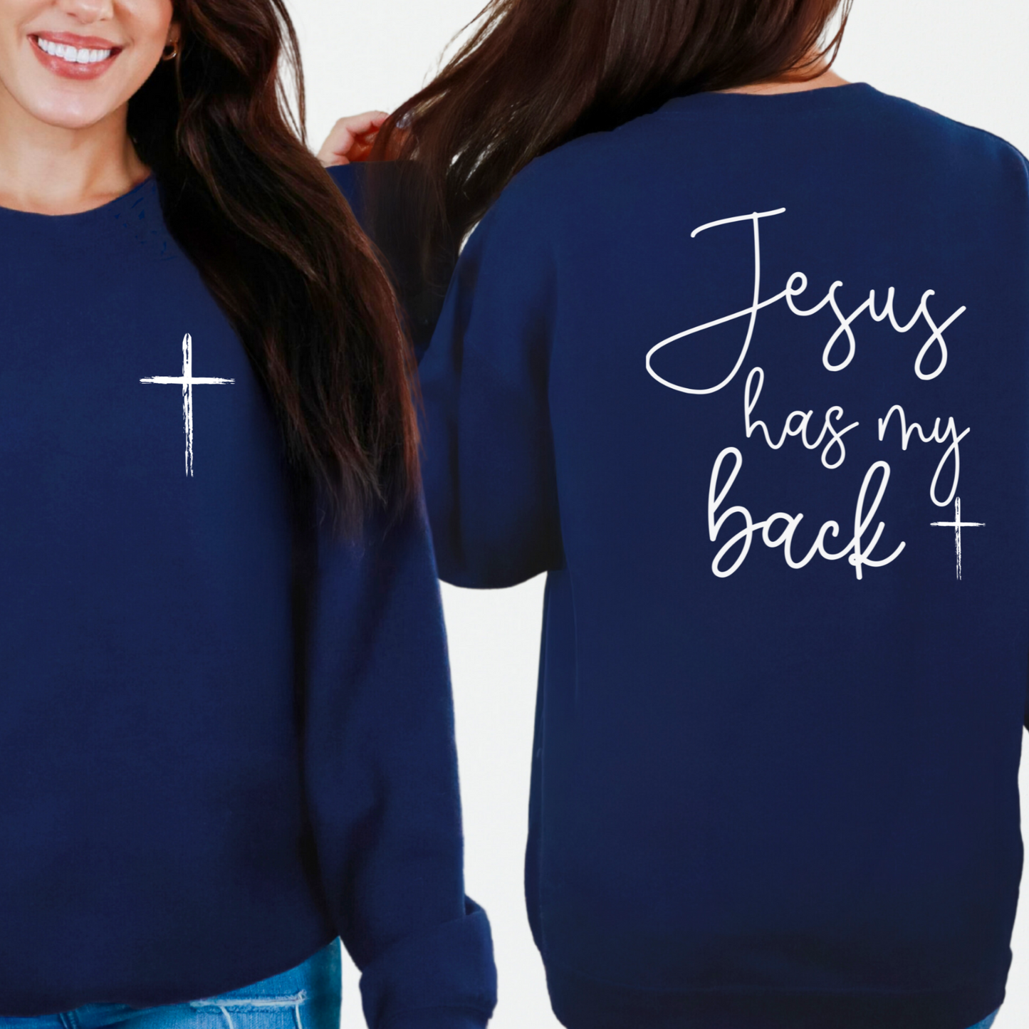 Navy Blue religious sweatshirt for women with minimalist cross front and faith text on the back