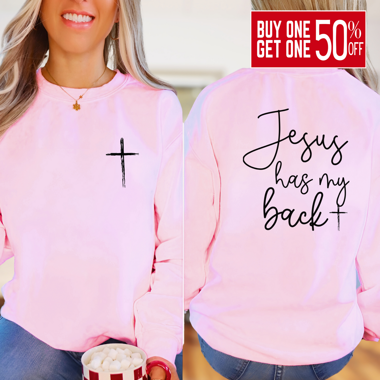 light pink religious sweatshirt for women with minimalist cross front and faith text on the back