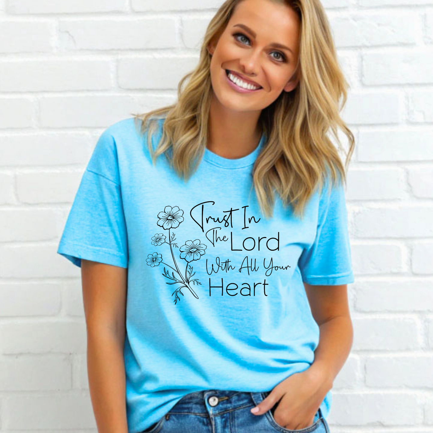 "Religious women's T-shirt with an uplifting Bible verse and floral artwork. Faith-based Christian apparel for everyday wear and church gatherings.