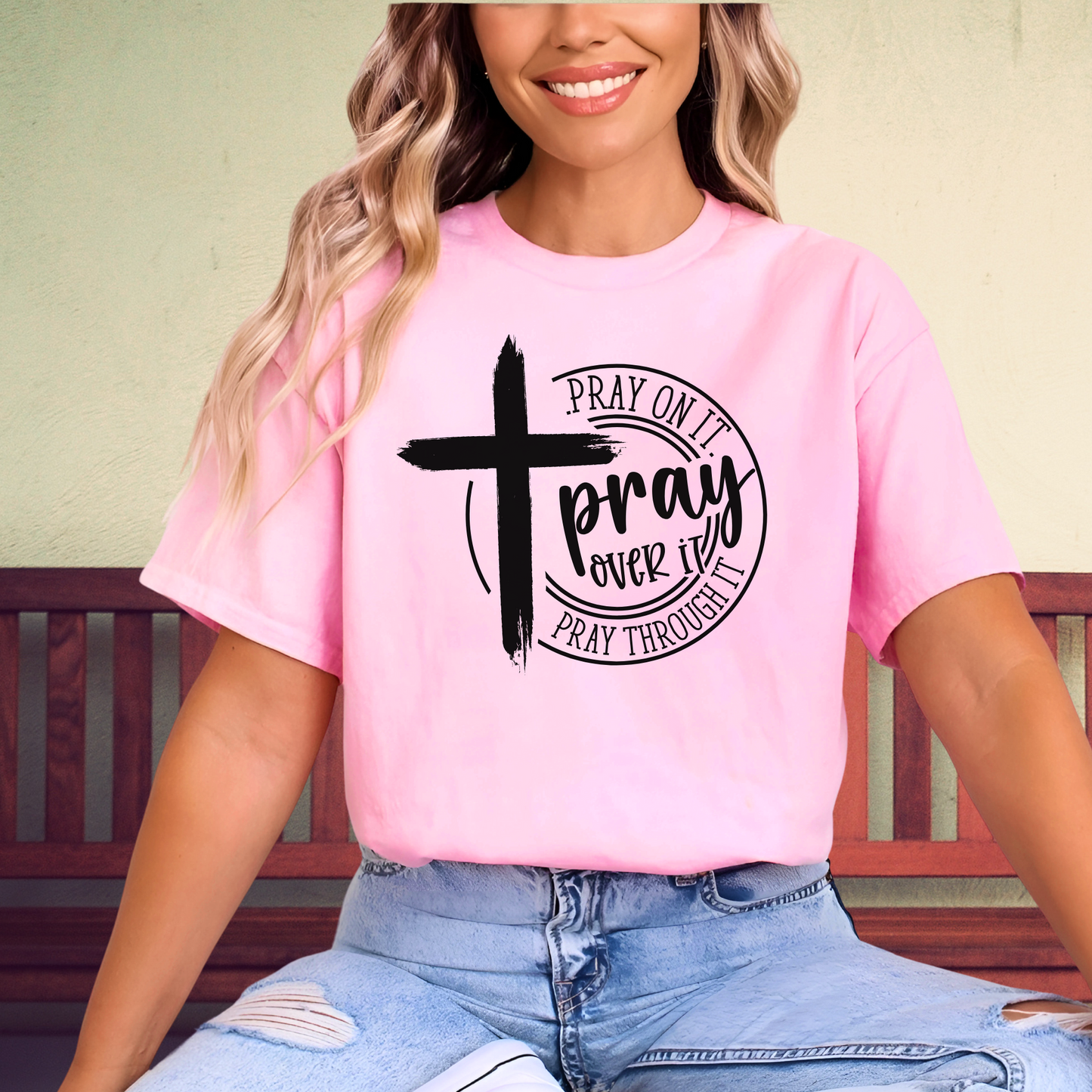 Light Pink Faith-based inspirational t-shirt with a cross and prayer message, perfect for Christian apparel