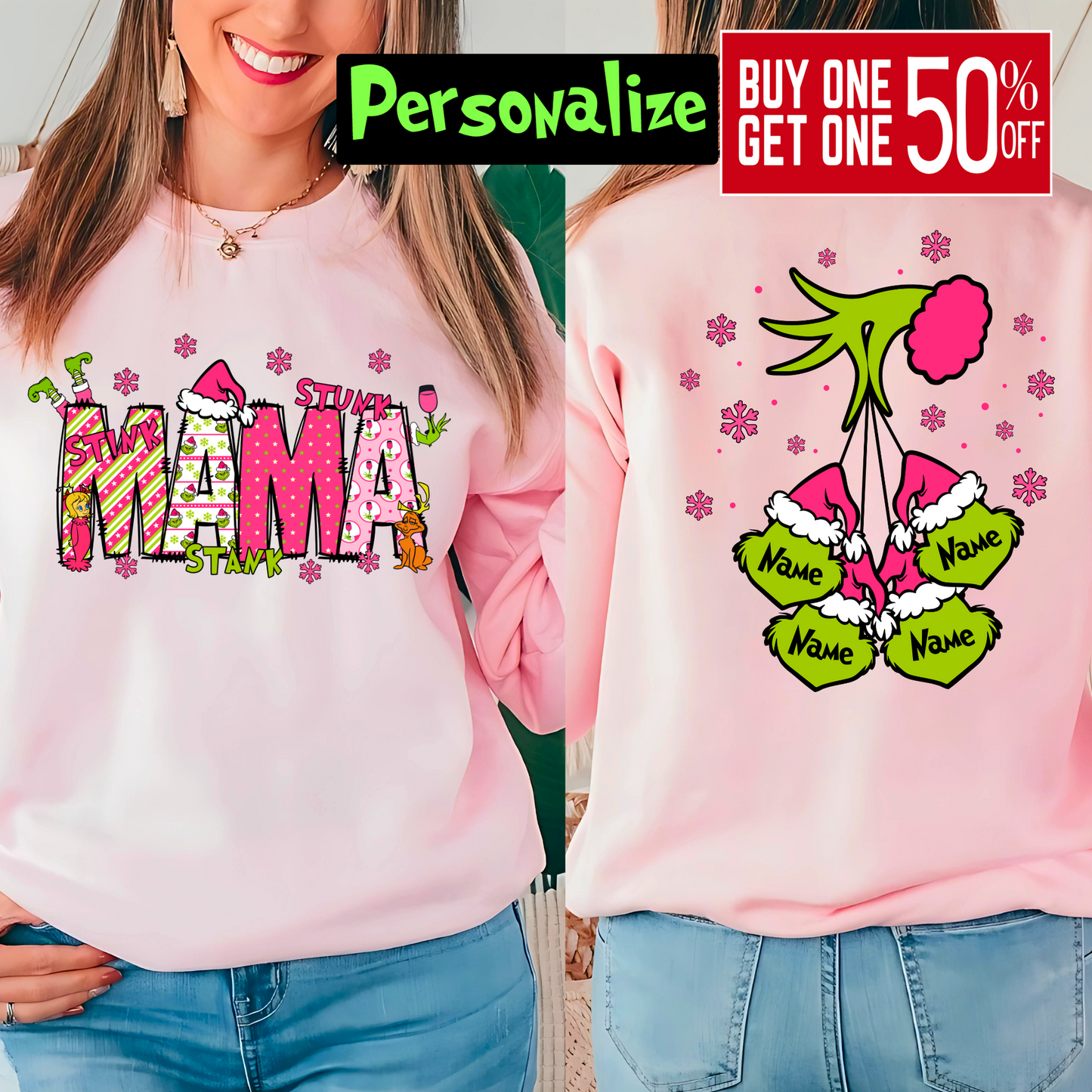 Light pink sweatshirt showcasing personalization option for ornament names