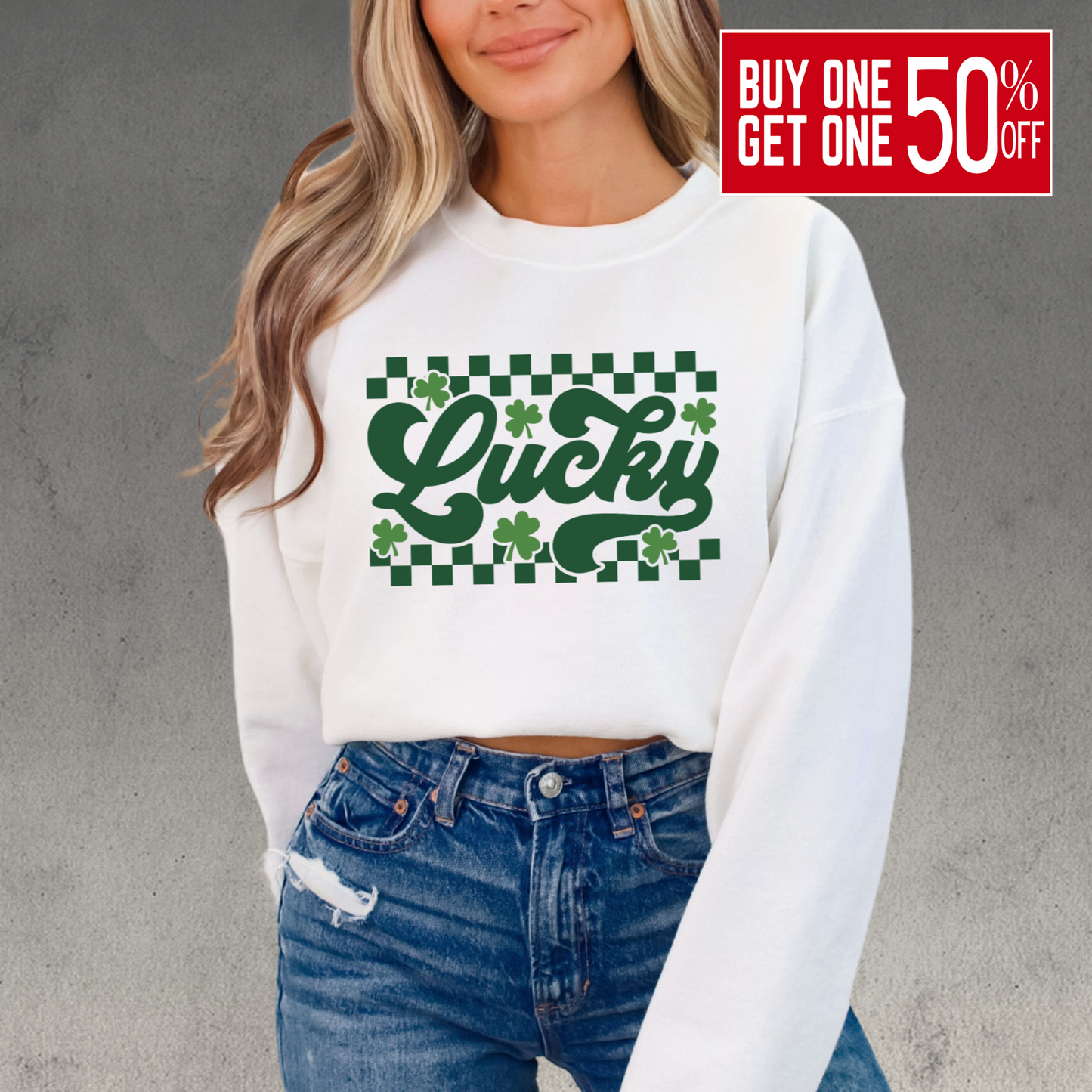 Festive Lucky sweatshirt for St. Paddy’s Day featuring a vintage-inspired green clover and checkered print