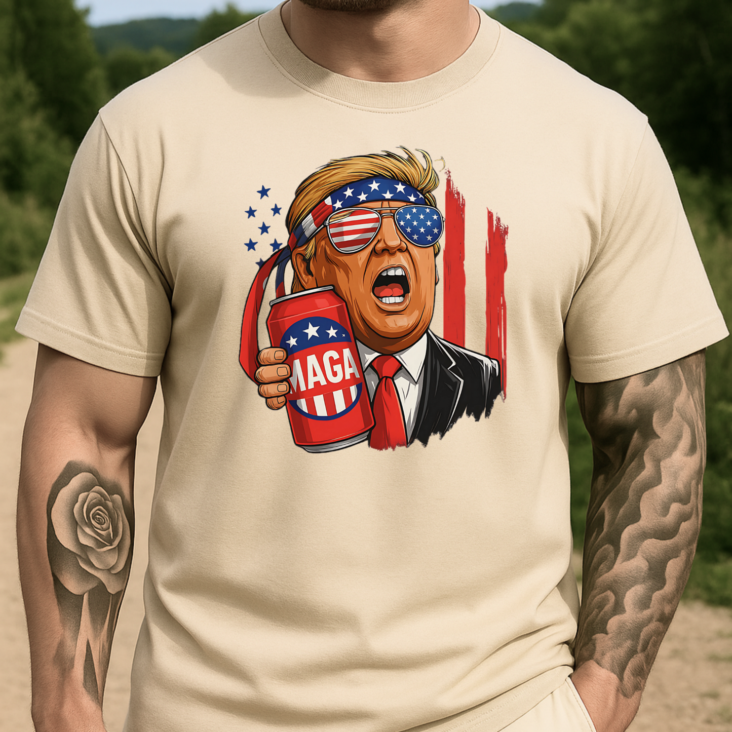 Vintage-style Trump graphic with USA flag and beer on light tan sand tee, patriotic and conservative fashion.