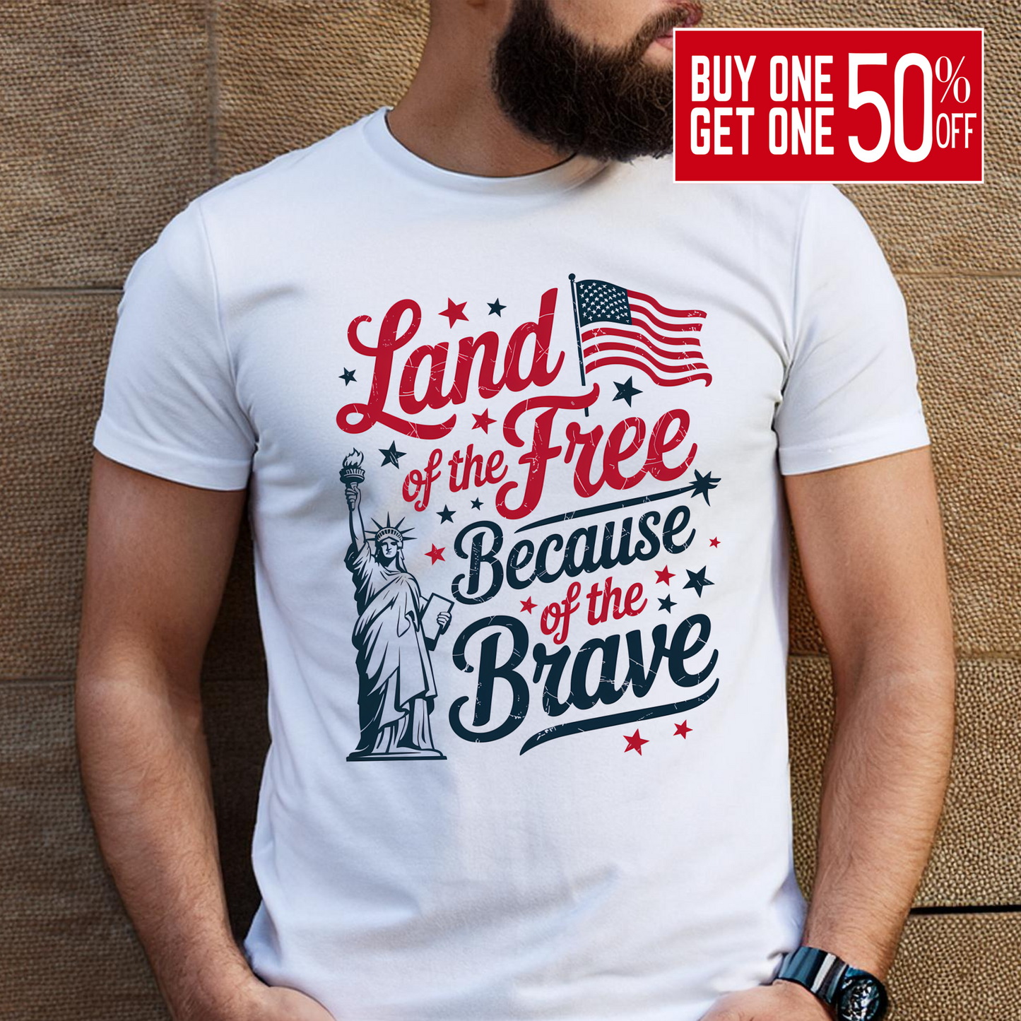 Man in a white t-shirt with a bold red, white, and blue American freedom print