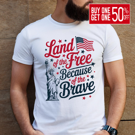 Man in a white t-shirt with a bold red, white, and blue American freedom print