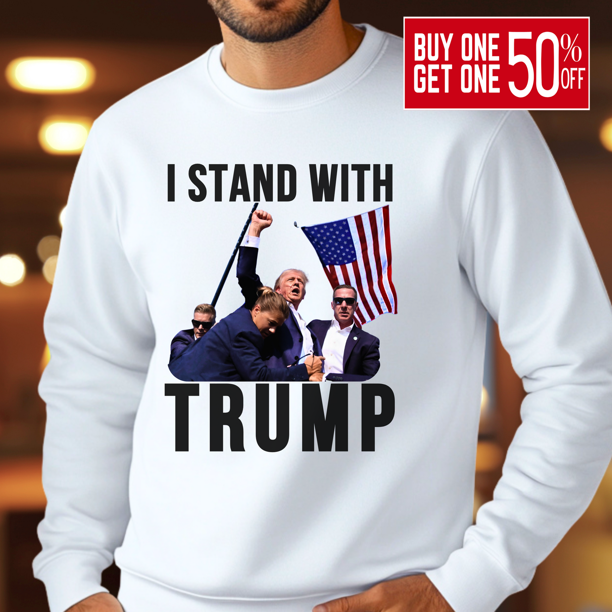 Man wearing “I Stand With Trump” white sweatshirt with bold flag and Trump scene – patriotic men’s pullover