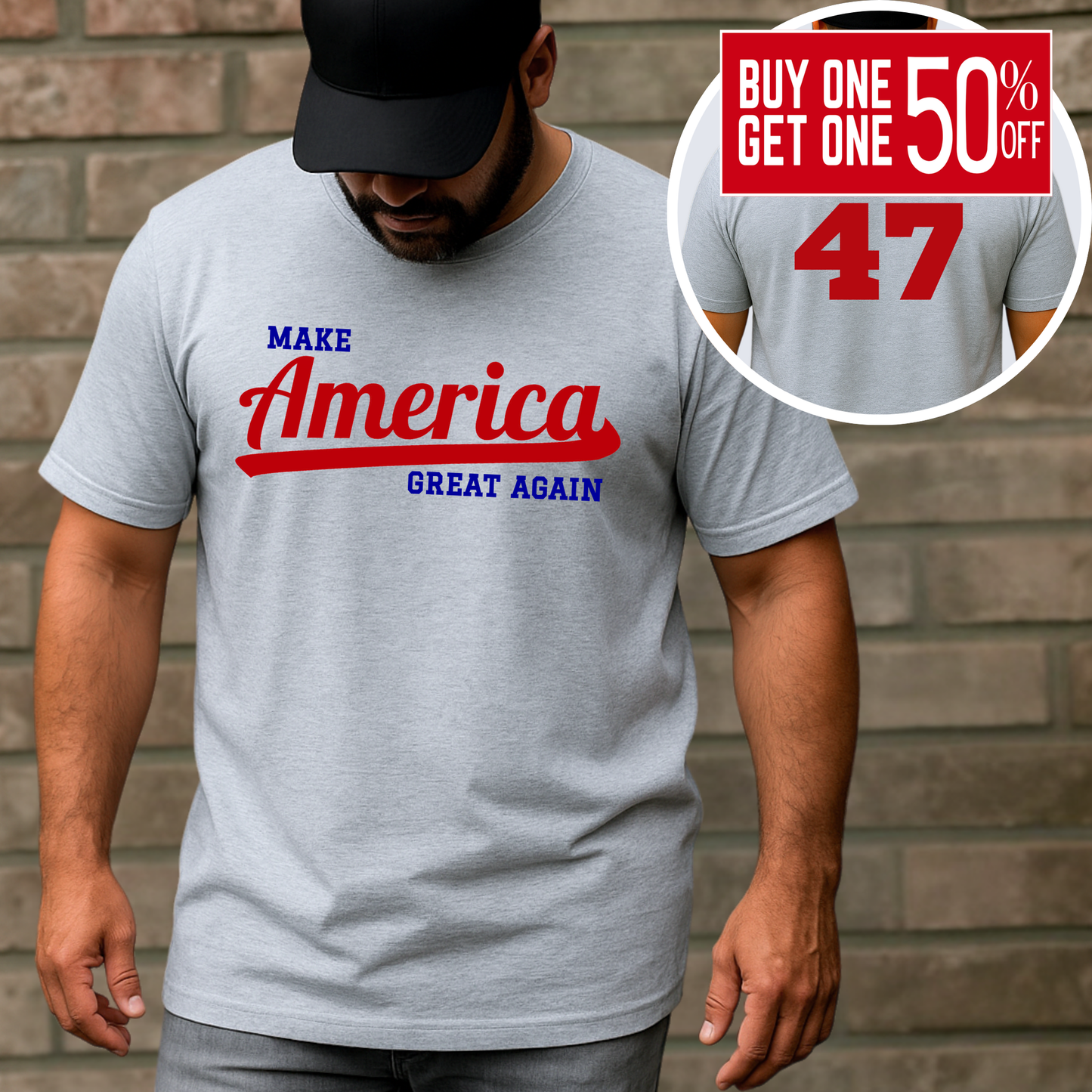Man wearing sport gray MAGA shirt with Trump 47 inset – front and back view