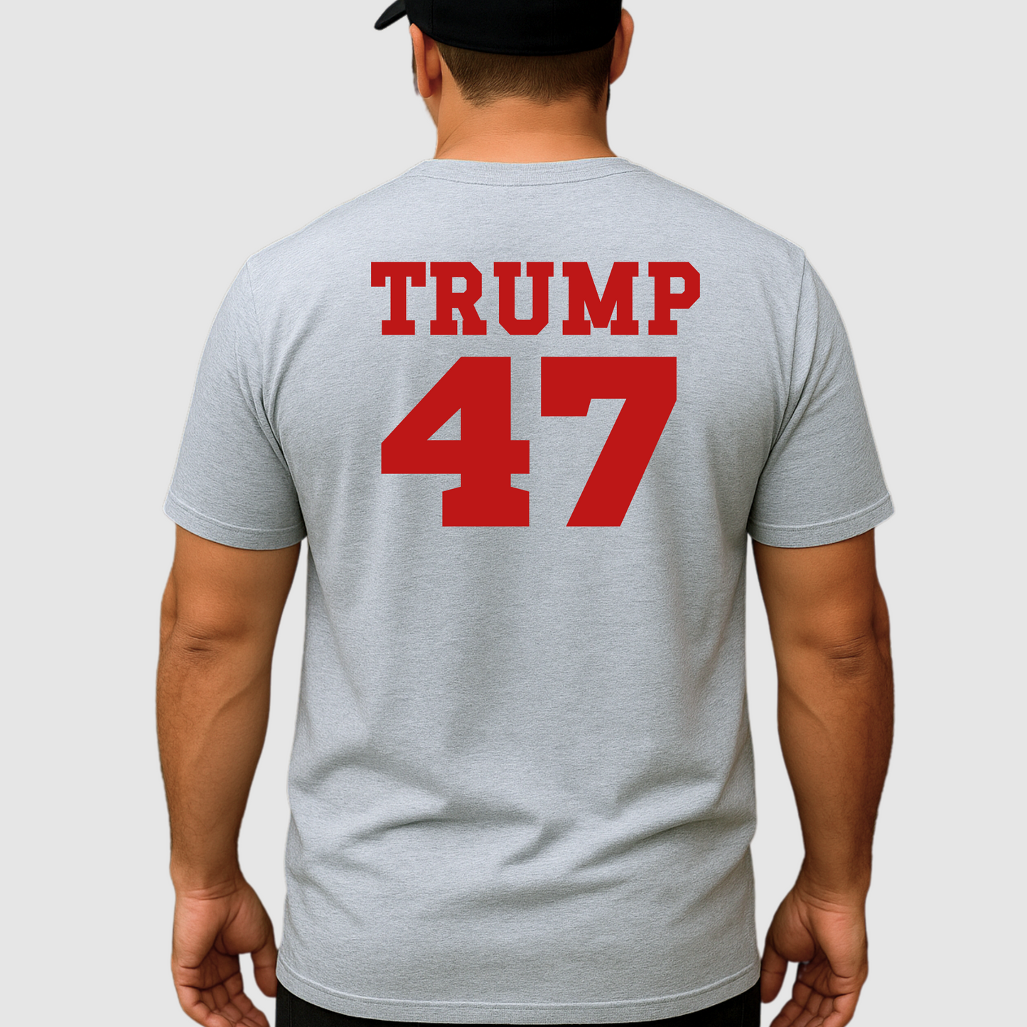 Man wearing sport gray Trump 47 shirt – back view