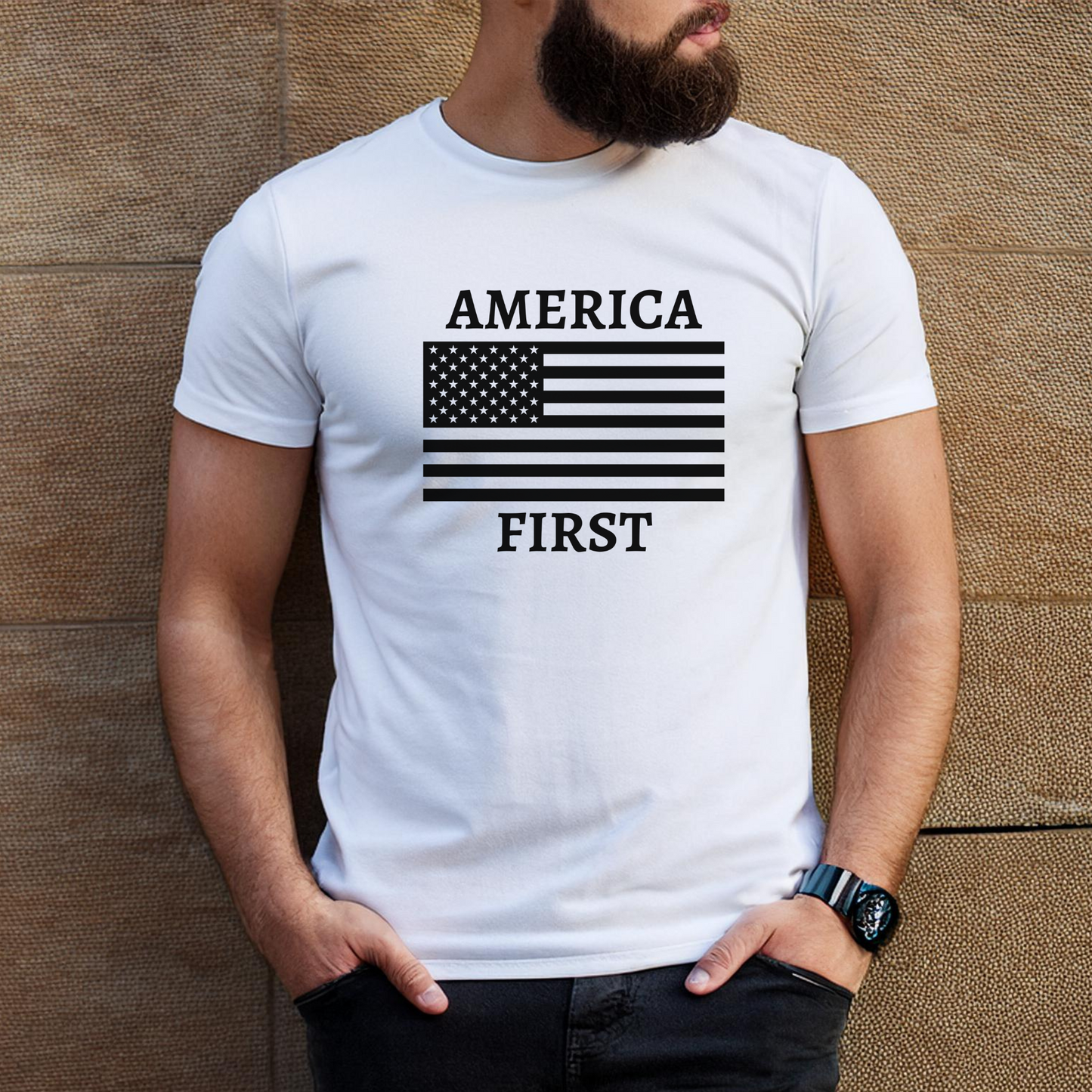 Man wearing white America First t-shirt with black American flag graphic