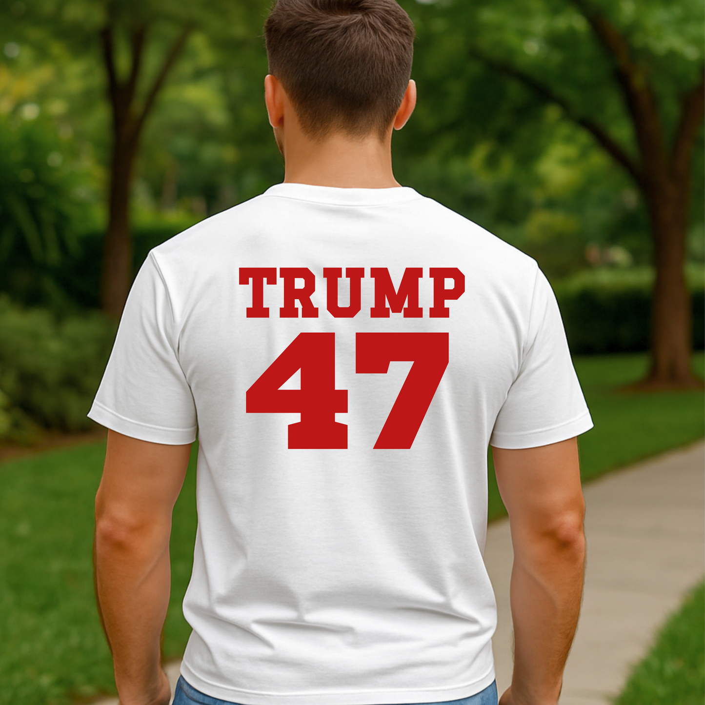 Man wearing white Trump 47 shirt – back view outdoors