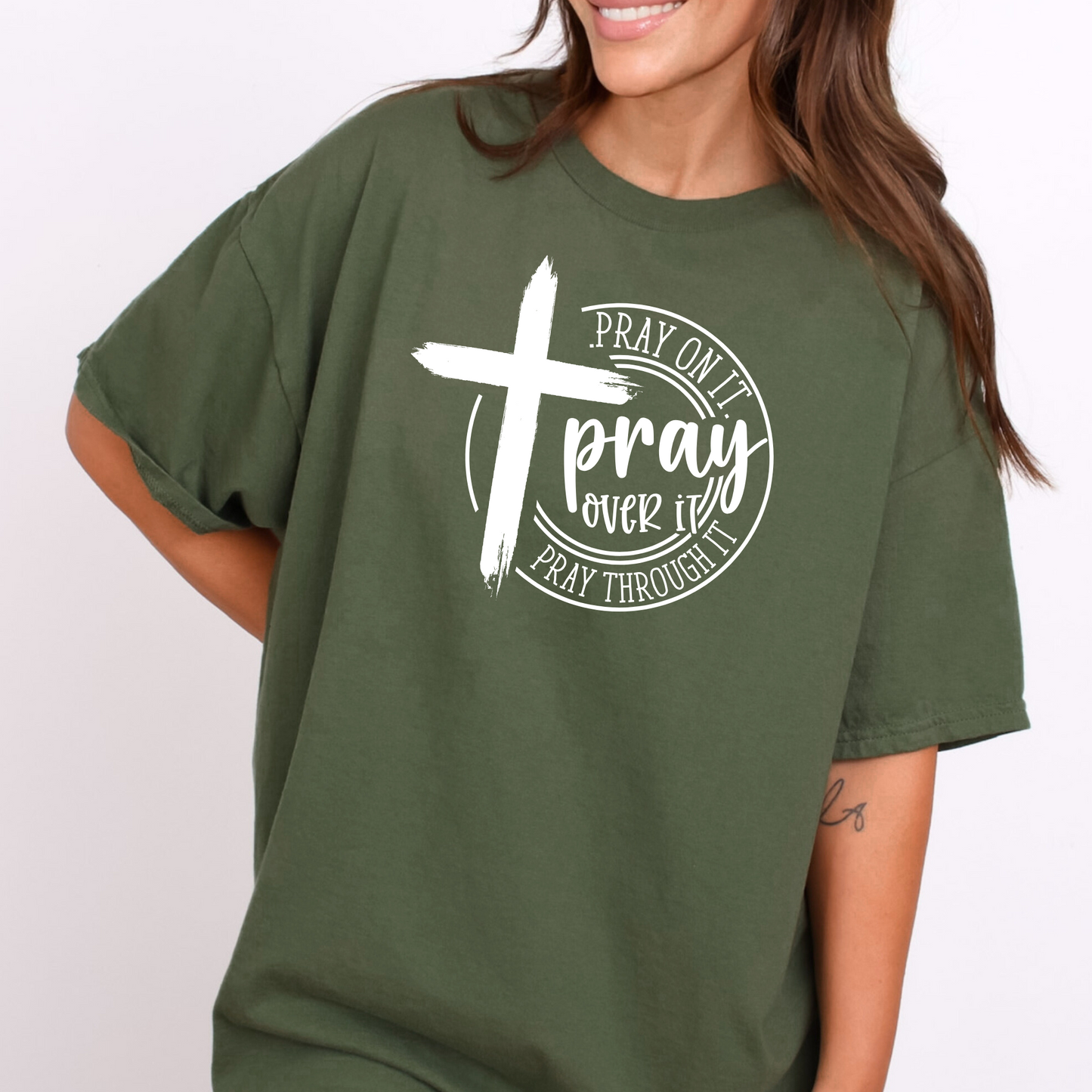 Pray On It, Pray Over It, Pray Through It Christian T-Shirt – Faith-Based Cross Tee