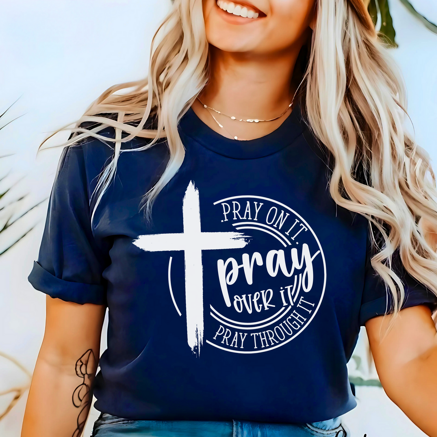 Navy blue Faith-based inspirational t-shirt with a cross and prayer message, perfect for Christian apparel