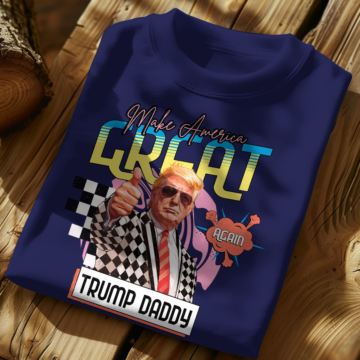 Folded navy sweatshirt with vintage Trump graphic