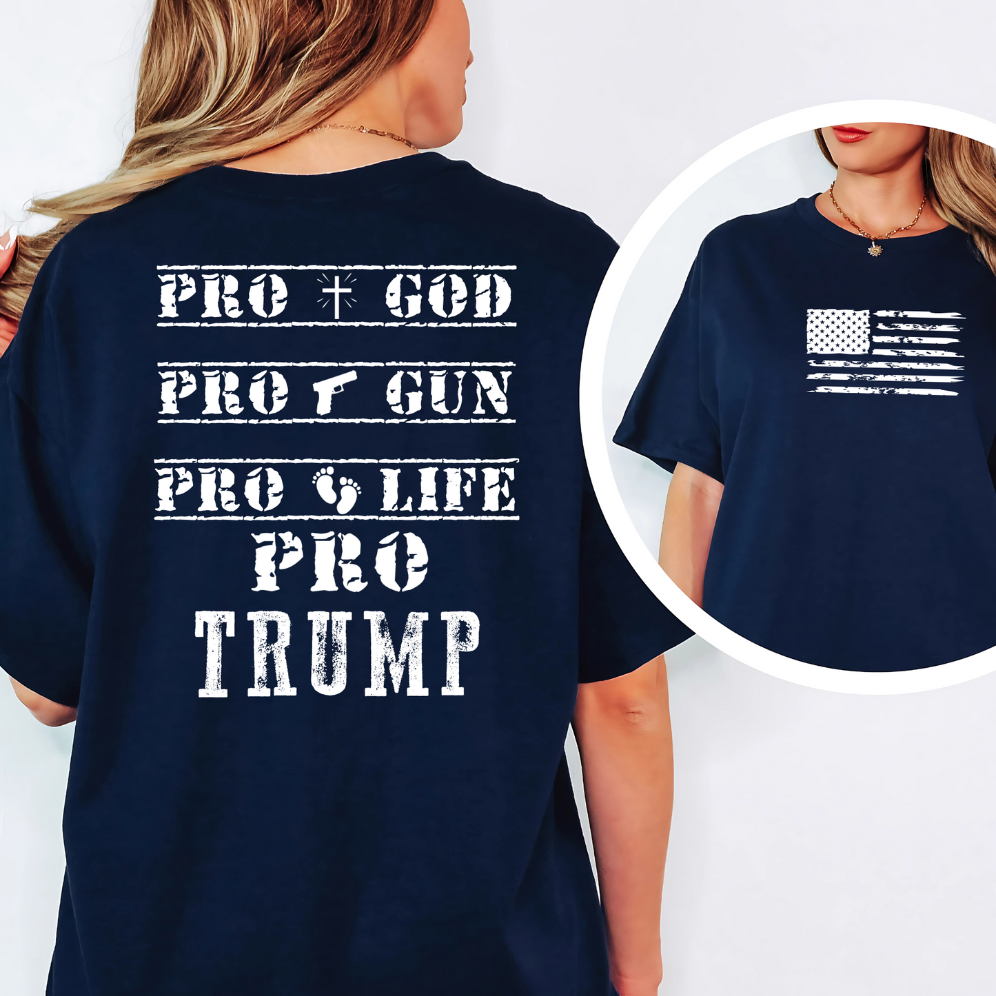 Navy Pro Trump tee with distressed white graphic text