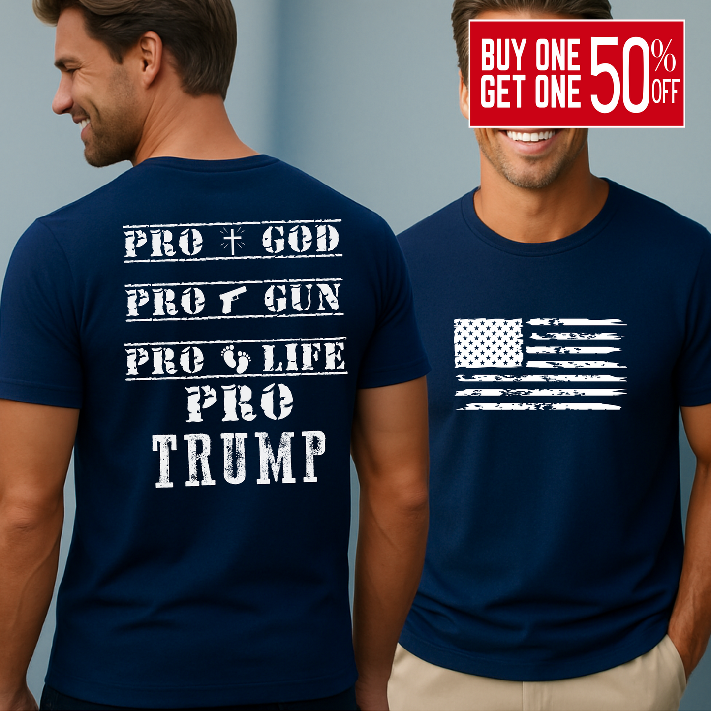 Navy Trump supporter shirt showing American flag on front and conservative pro-values message on the back