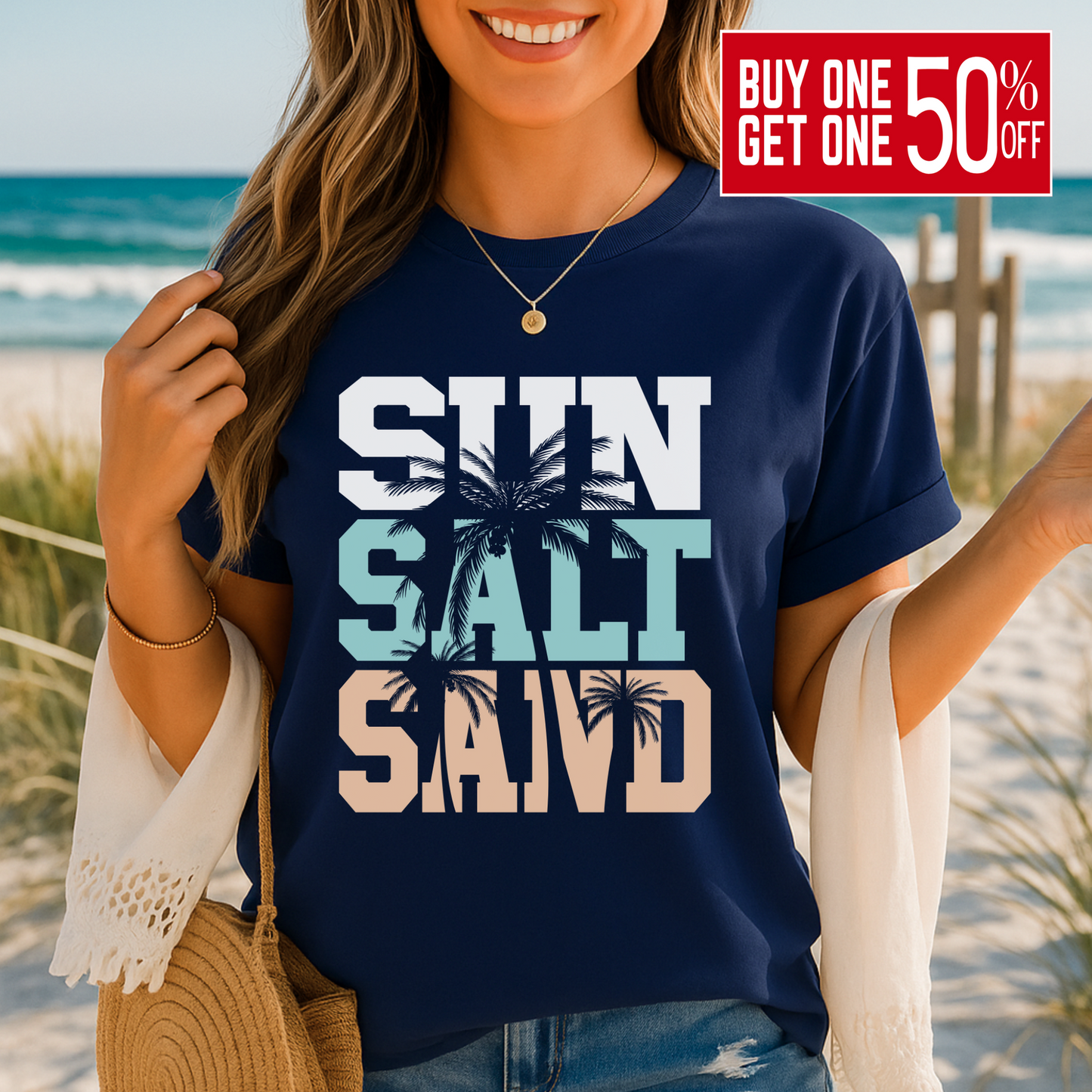 Navy shirt styled for coastal summer vibes