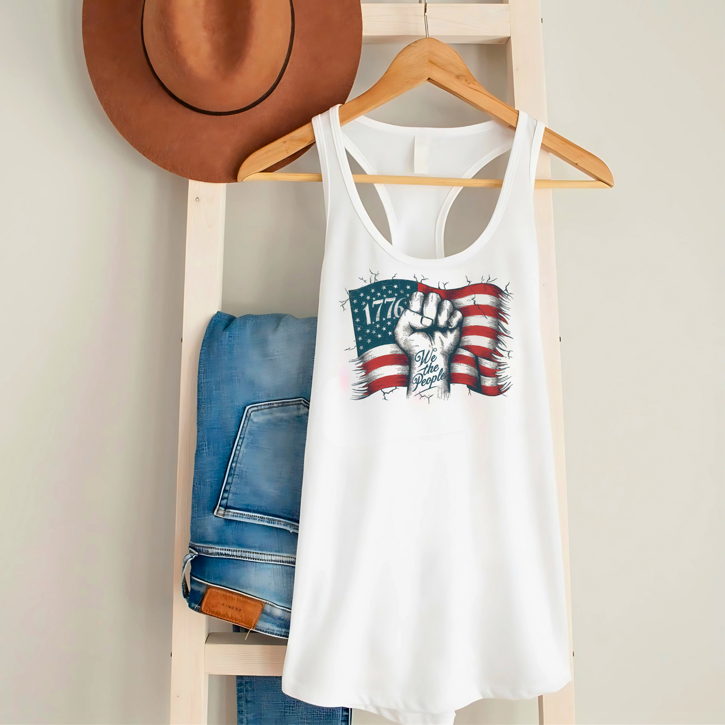Patriotic tank top hanging with country accessories – 1776 We The People design