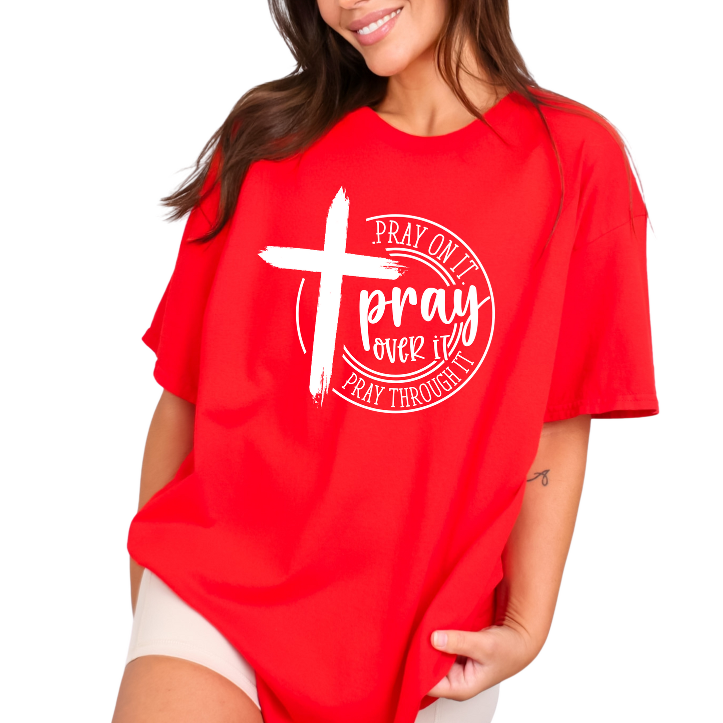 Red Faith-based inspirational t-shirt with a cross and prayer message, perfect for Christian apparel