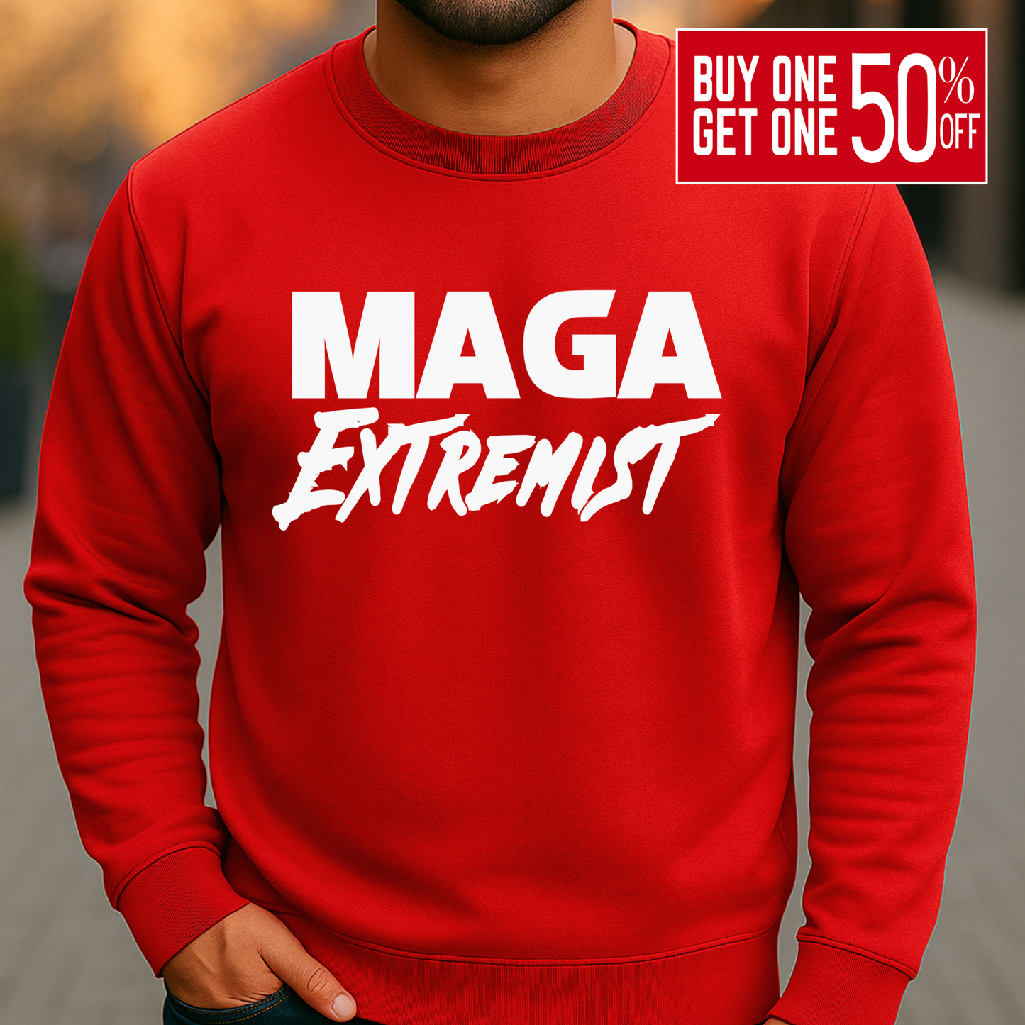 Red men's crewneck sweatshirt with “MAGA Extremist” design in bold white text