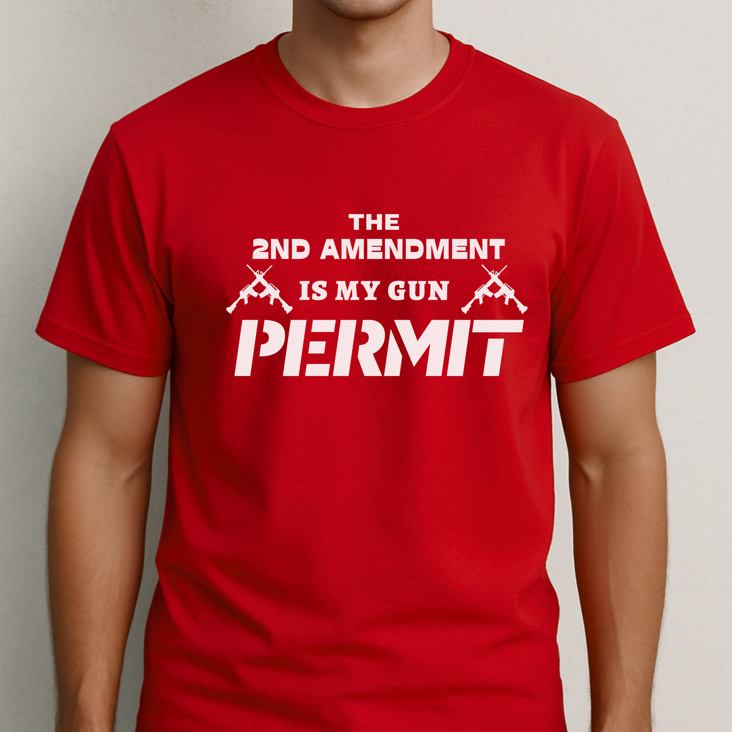 Red men's shirt with white 2nd Amendment “My Gun Permit” bold text and rifle graphic
