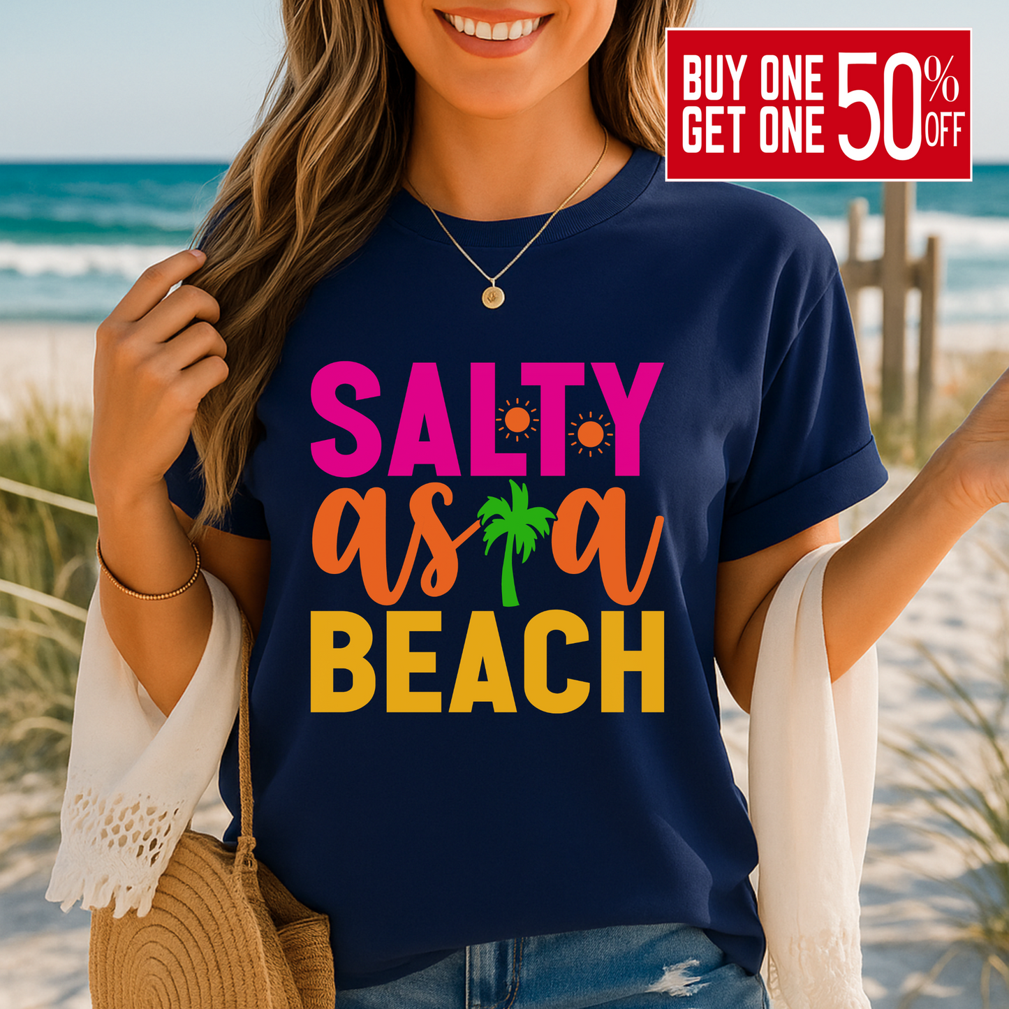 Navy blue beach shirt with palm and sunshine detail