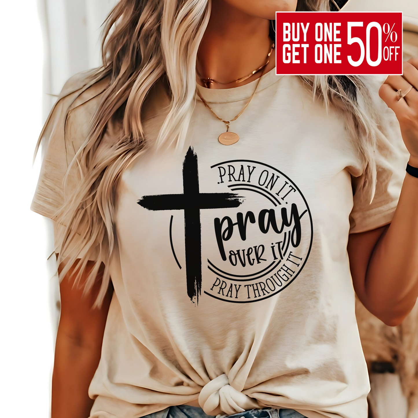 Sand Close up Faith-based inspirational t-shirt with a cross and prayer message, perfect for Christian apparel