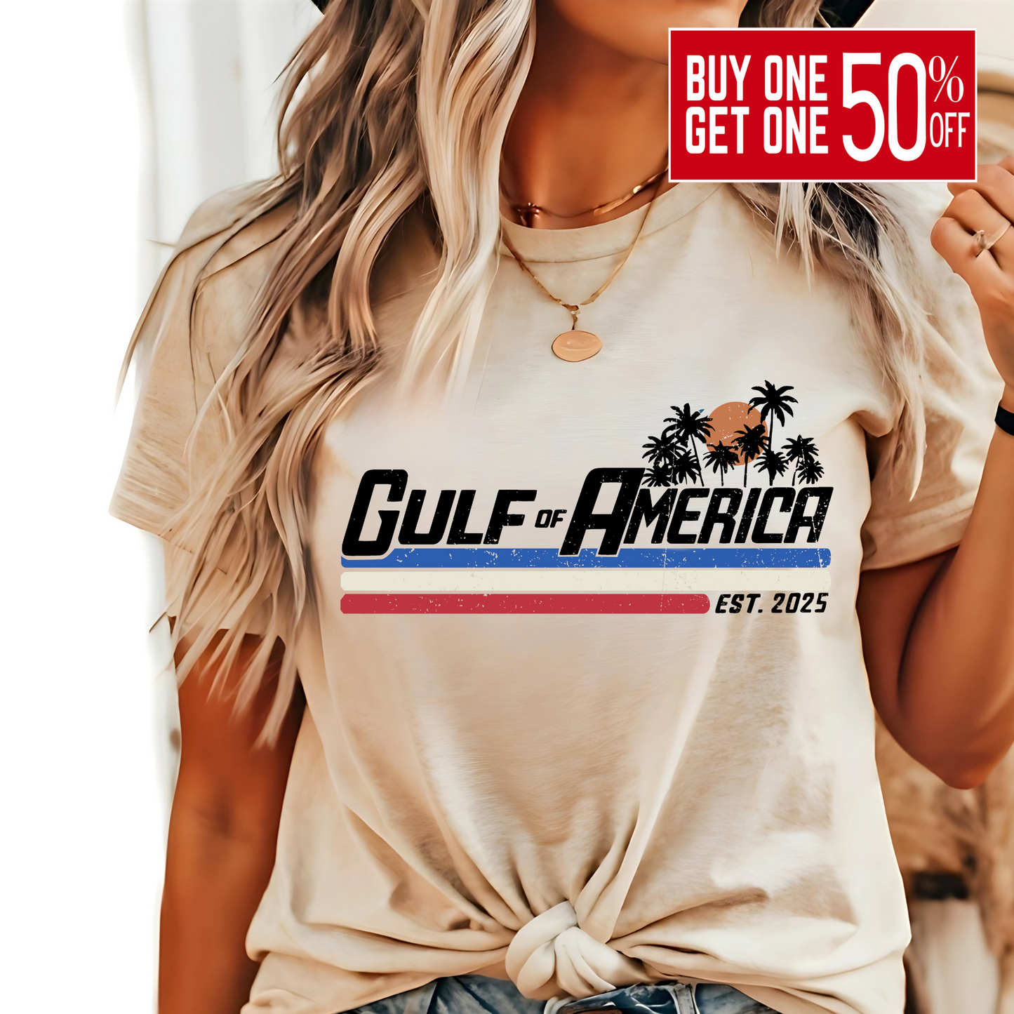 Sand-colored Gulf of America Est. 2025 shirt on woman with tropical palm print
