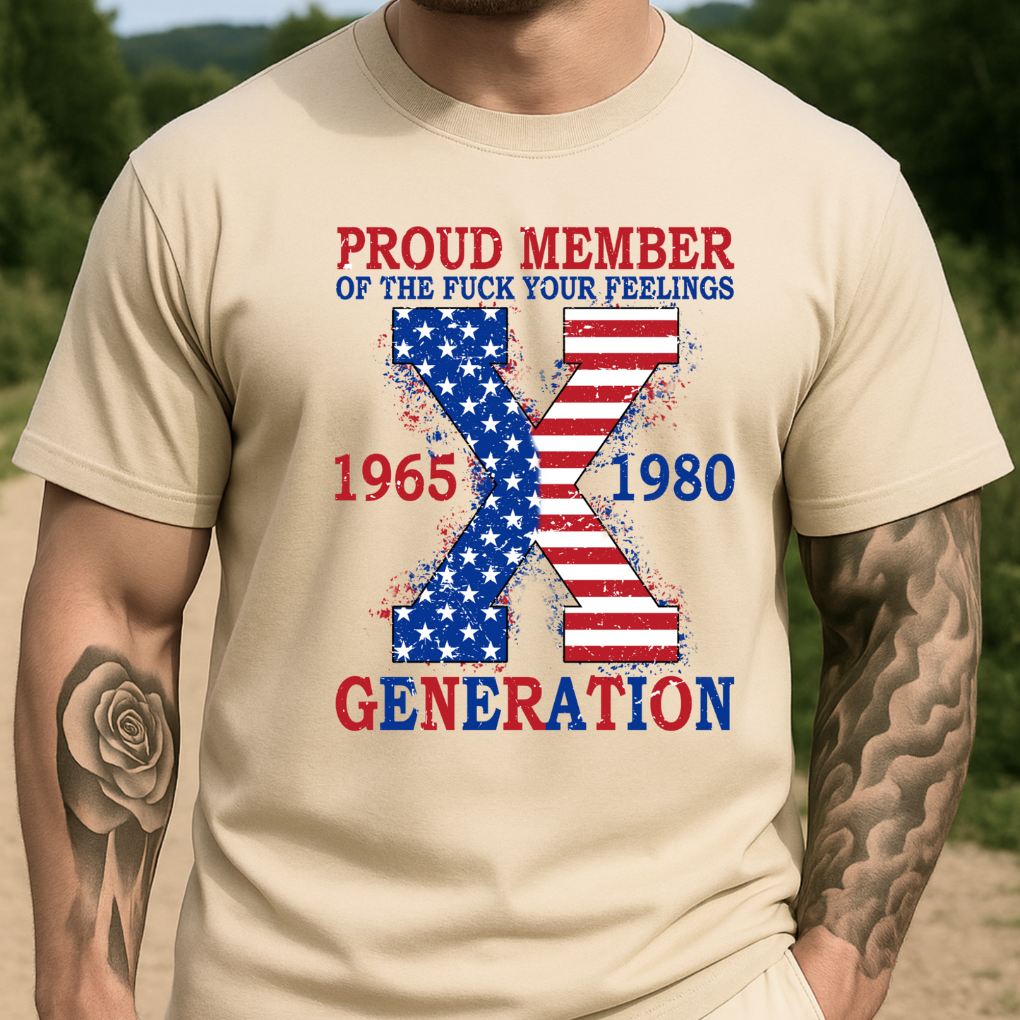 Sand-colored shirt with bold “Proud Member” Gen X USA graphic