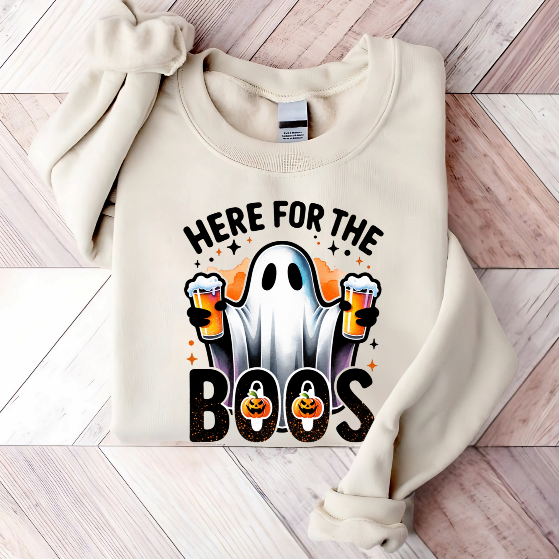 sand colored sweatshirt with ghost holding beer and “Here For The Boos” text