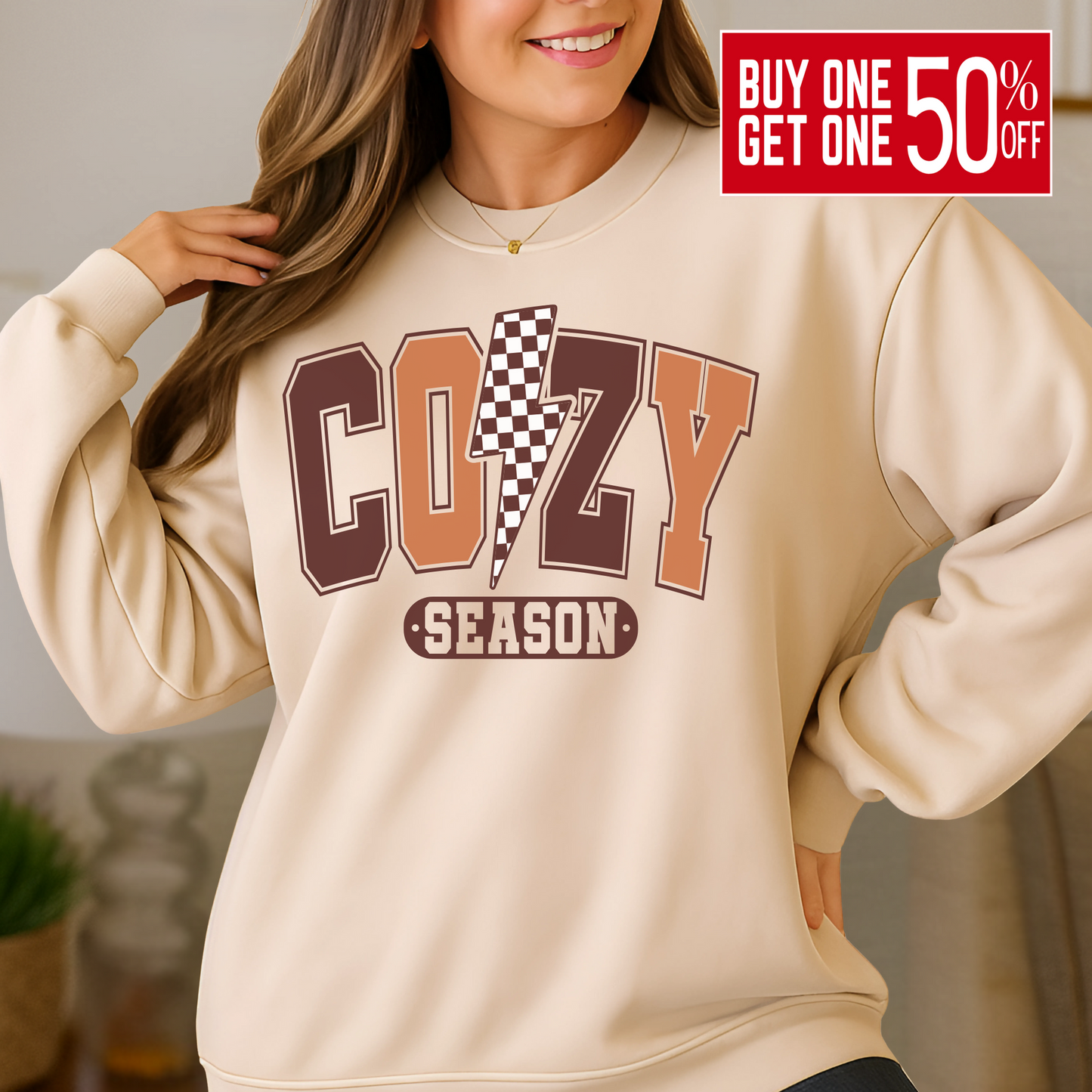 Sand colored Cozy Season sweatshirt styled for autumn indoors